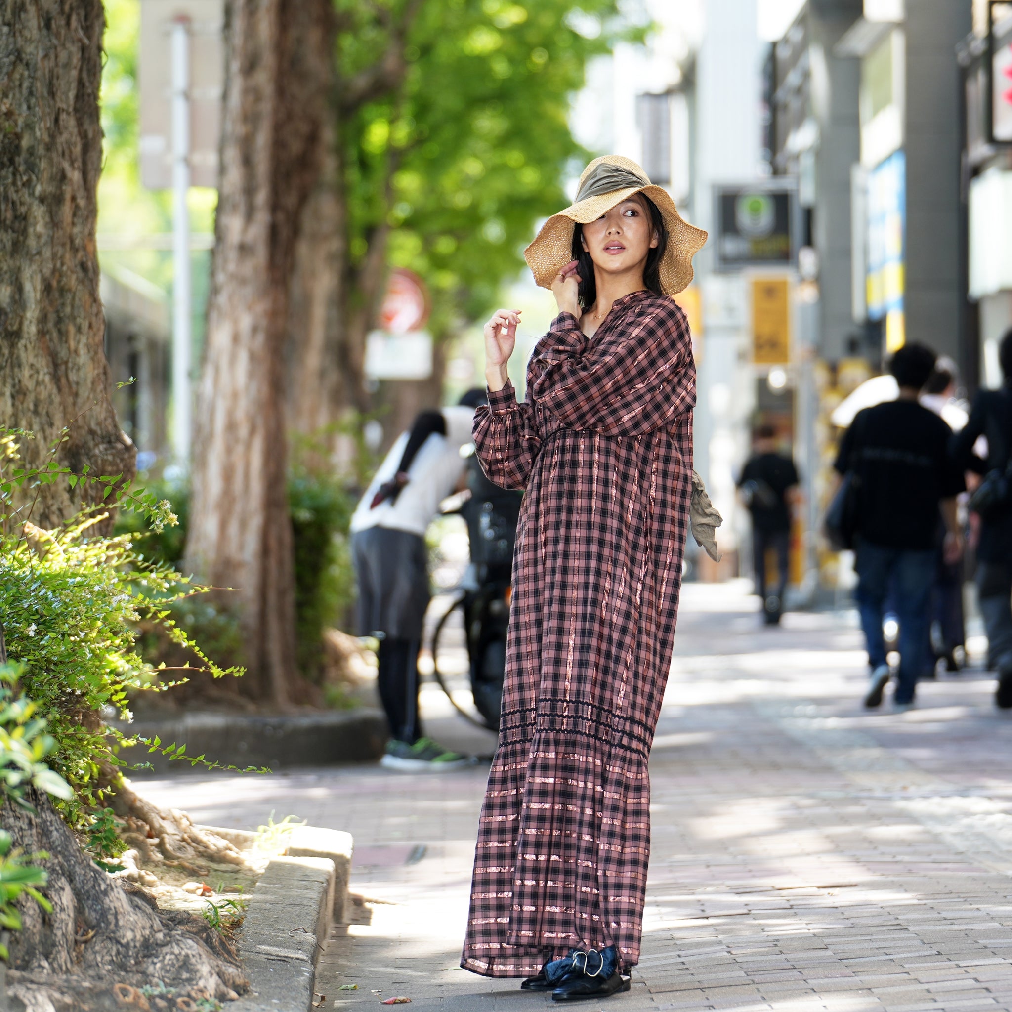 020442SR1 | COTTON CHECK SHIRRING LONG DRESS | Color:Brown【SARAMALLIKA_サラマリカ】【archive】