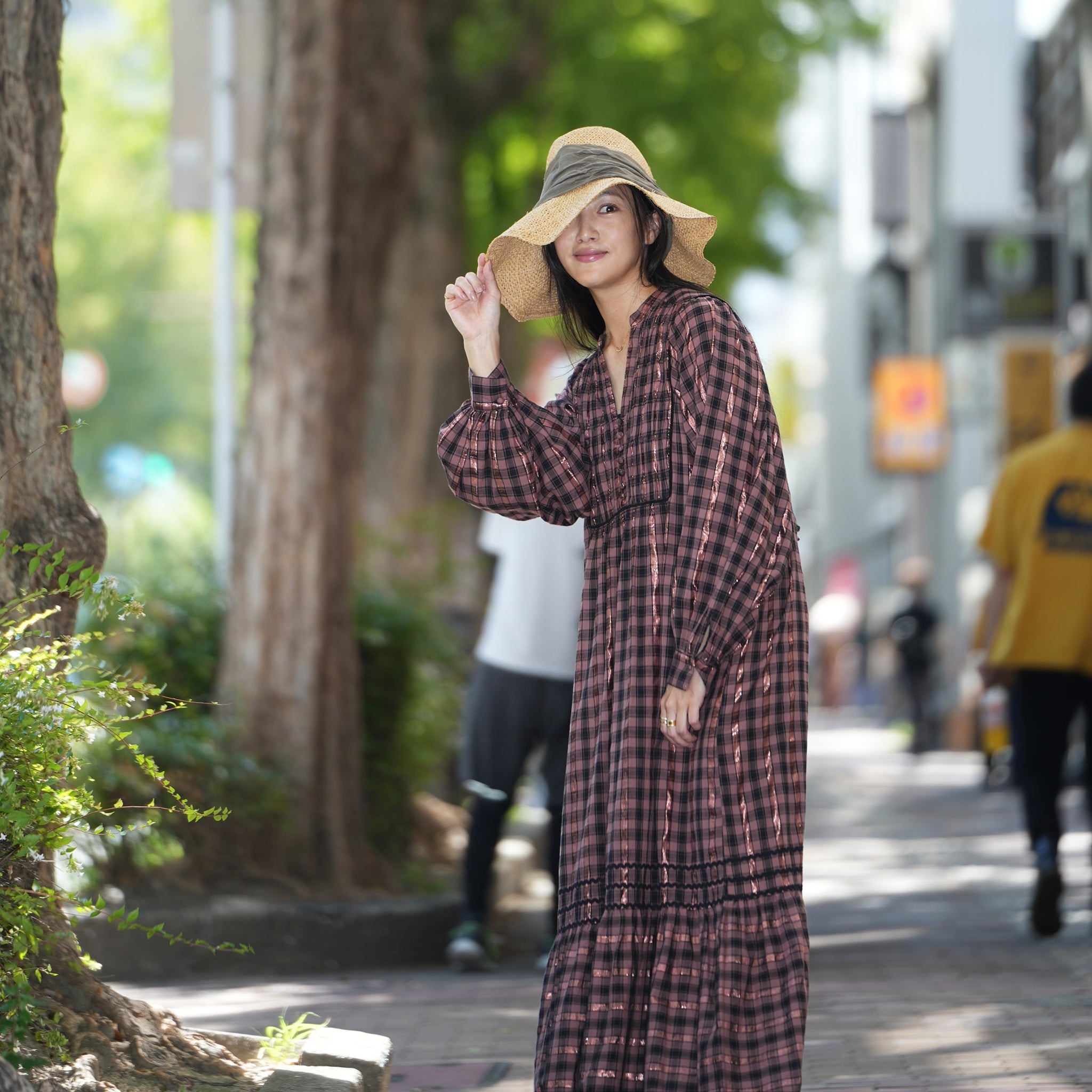 020442SR1 | COTTON CHECK SHIRRING LONG DRESS | Color:Brown【SARAMALLIKA_サラマリカ】【archive】