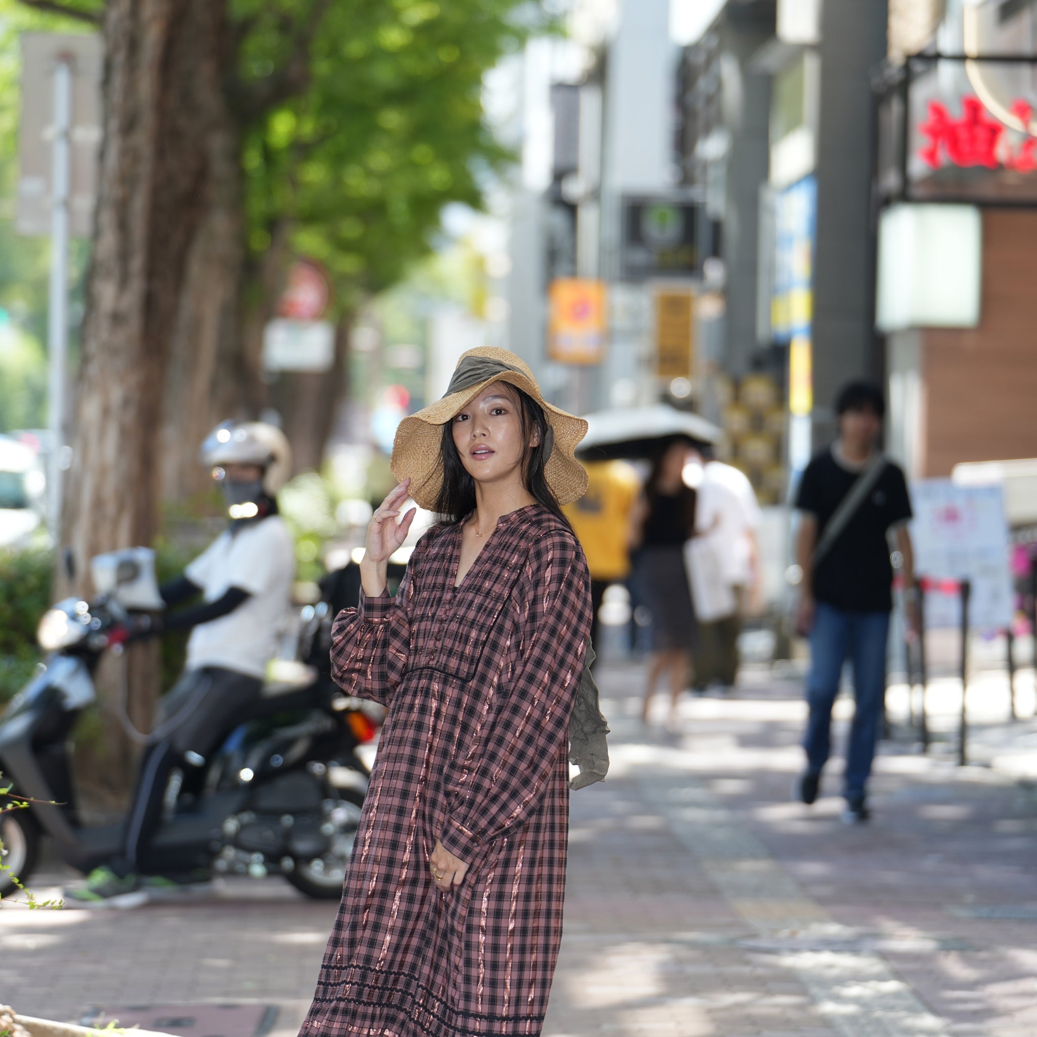020442SR1 | COTTON CHECK SHIRRING LONG DRESS | Color:Brown【SARAMALLIKA_サラマリカ】【archive】