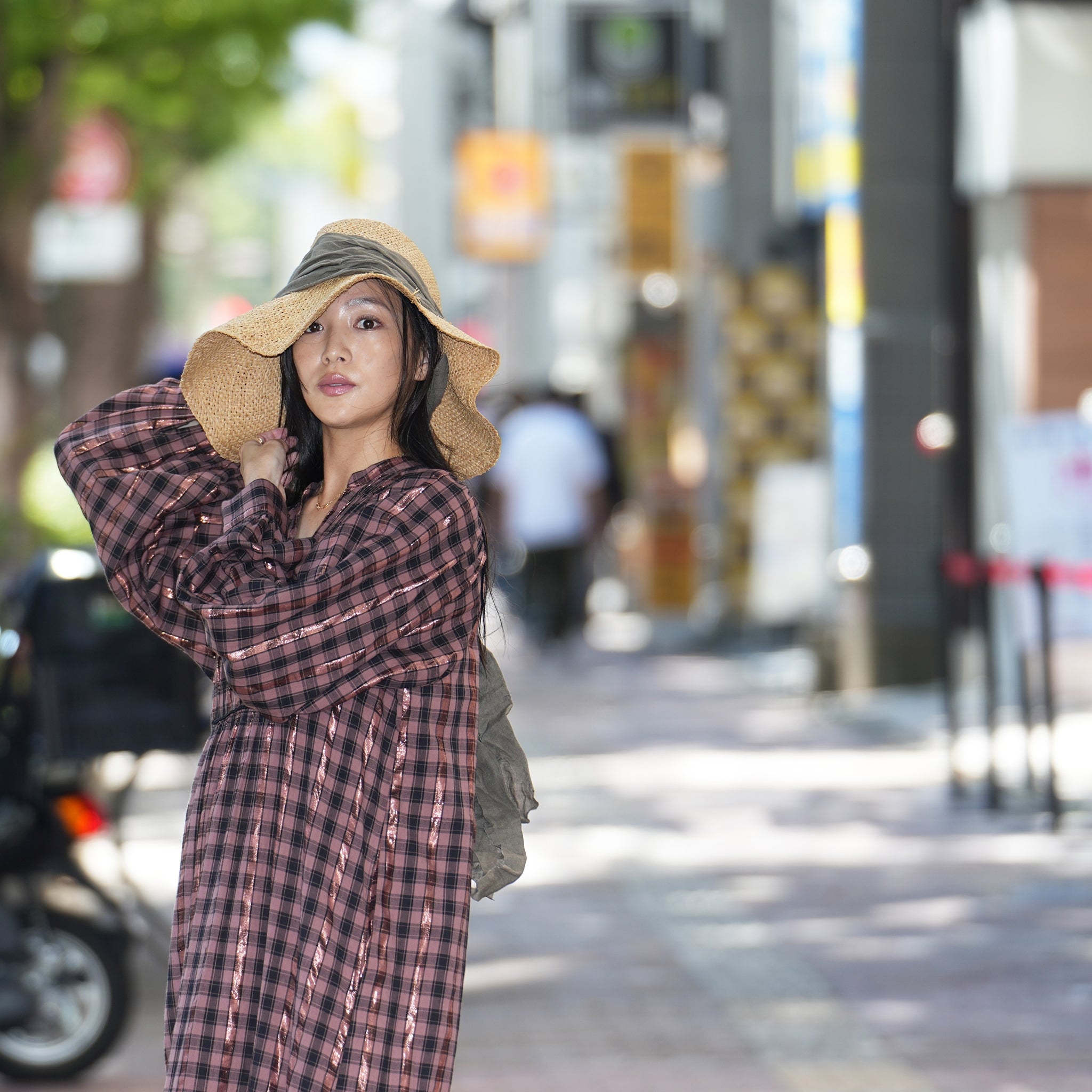 020442SR1 | COTTON CHECK SHIRRING LONG DRESS | Color:Brown【SARAMALLIKA_サラマリカ】【archive】