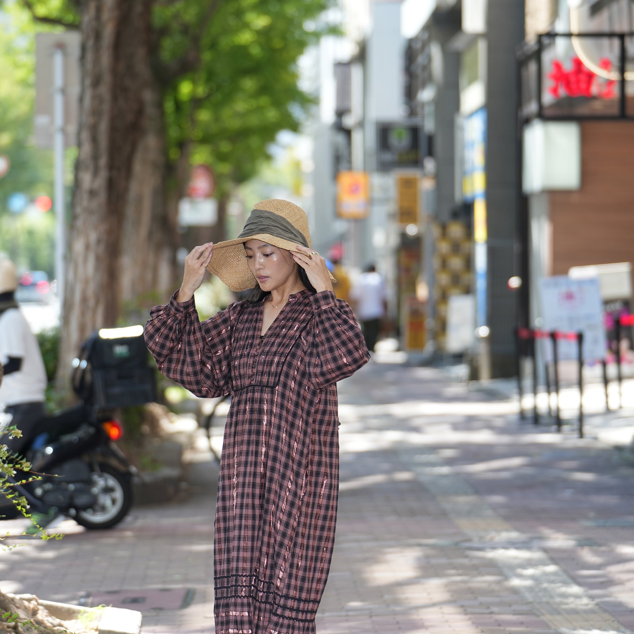 020442SR1 | COTTON CHECK SHIRRING LONG DRESS | Color:Brown【SARAMALLIKA_サラマリカ】【archive】