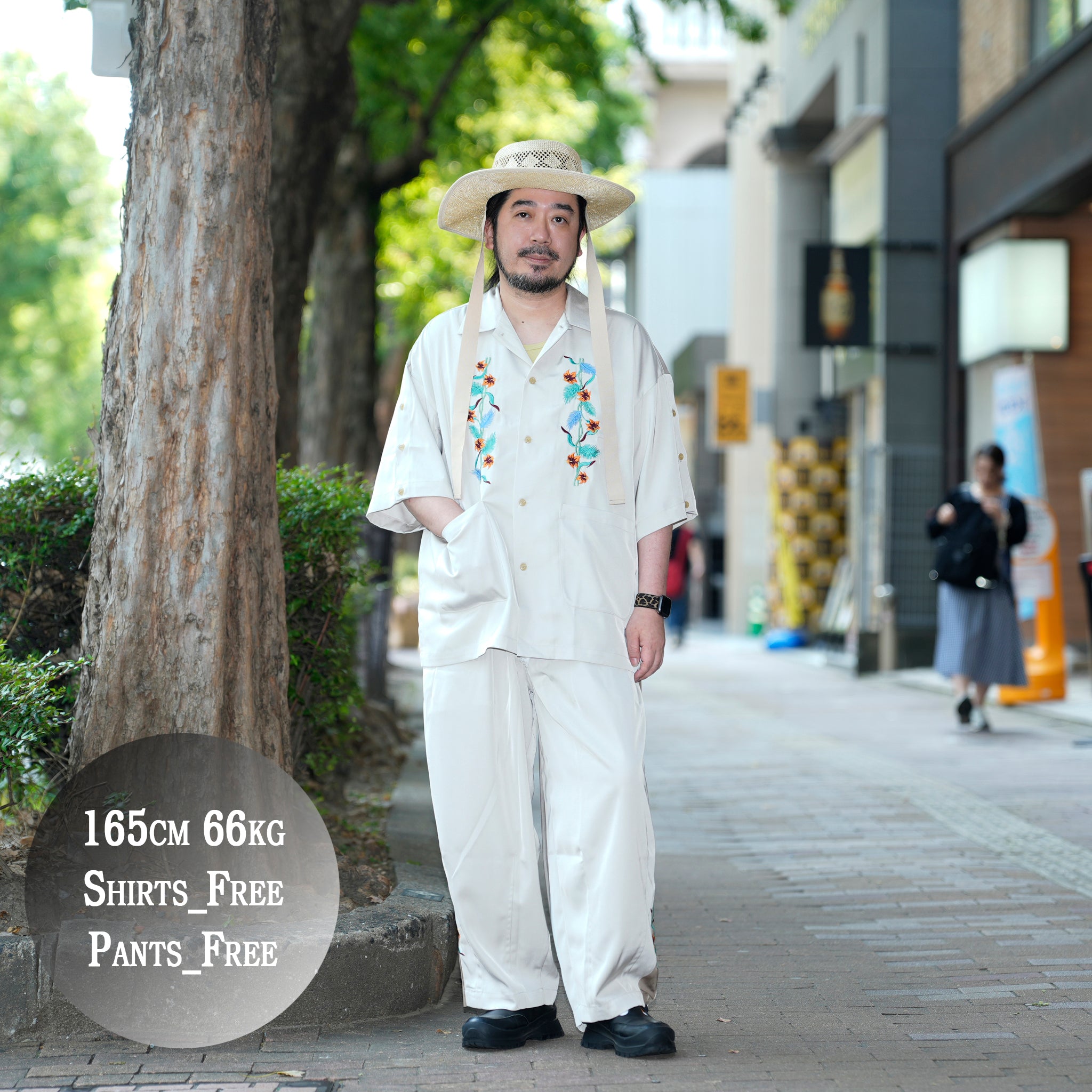 efite-07 | Hibiscus embroidery open collar s/s shirts | Color:Greige/Charcoal【EFFECTEN_エフェクテン】【archive】