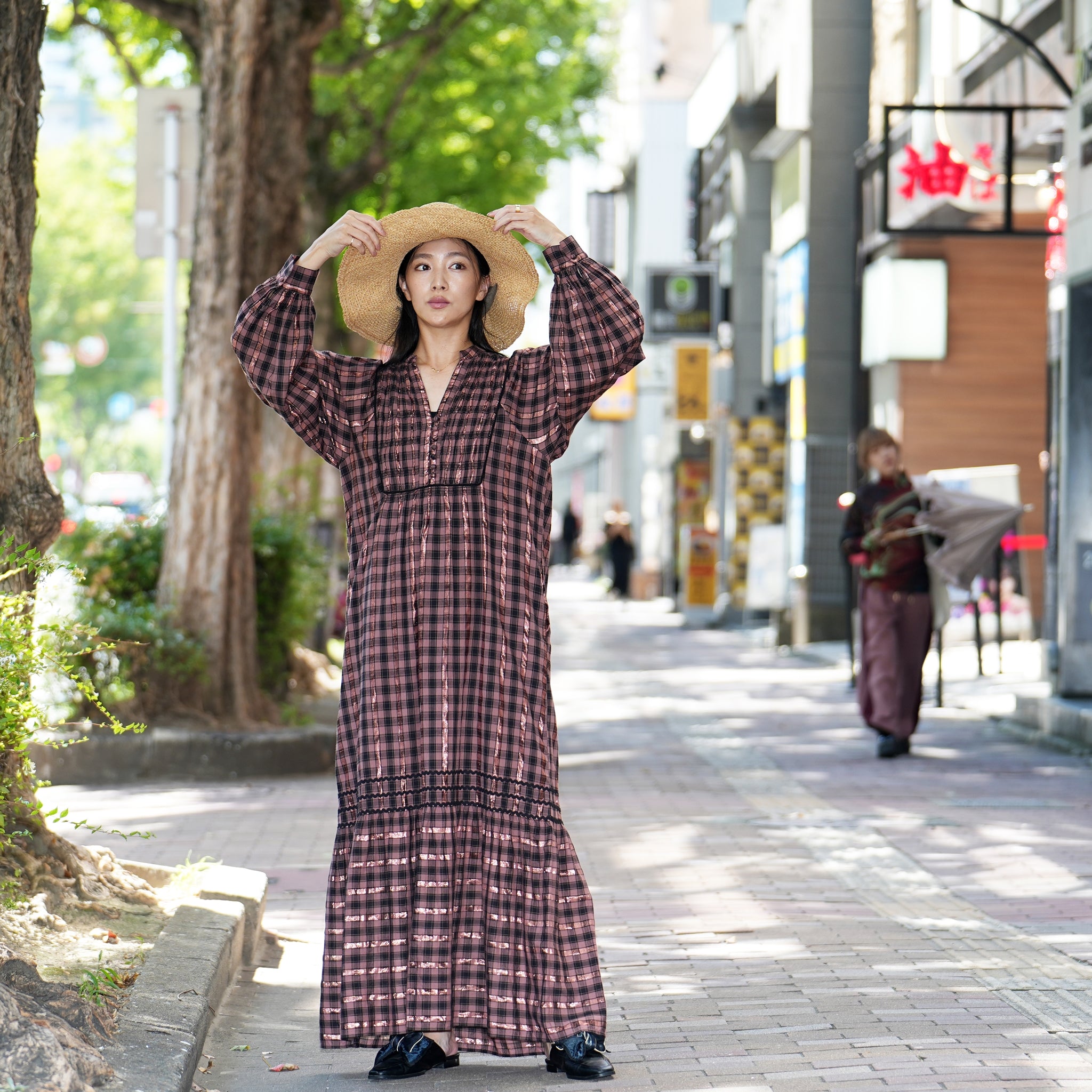 020442SR1 | COTTON CHECK SHIRRING LONG DRESS | Color:Brown【SARAMALLIKA_サラマリカ】【archive】