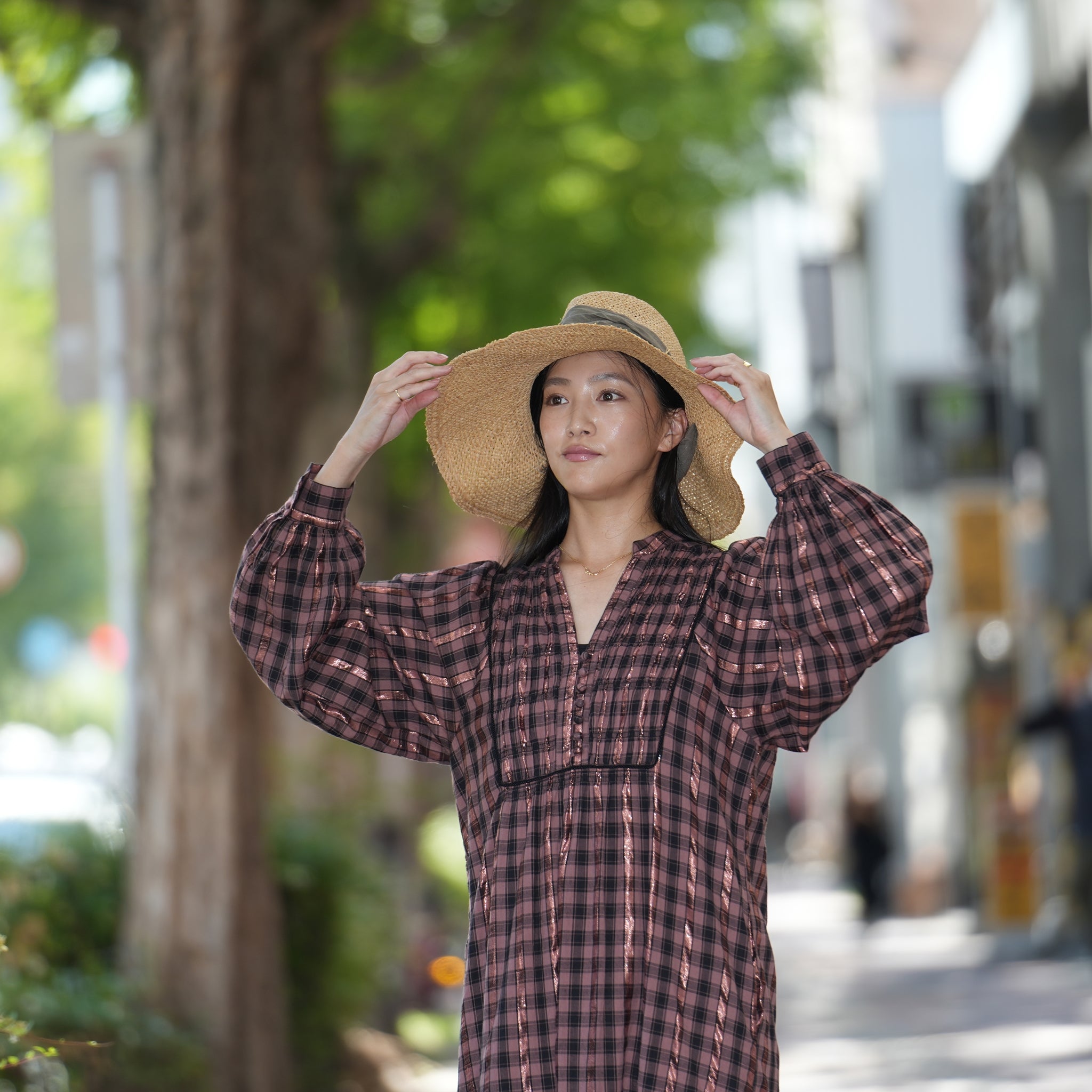 020442SR1 | COTTON CHECK SHIRRING LONG DRESS | Color:Brown【SARAMALLIKA_サラマリカ】【archive】