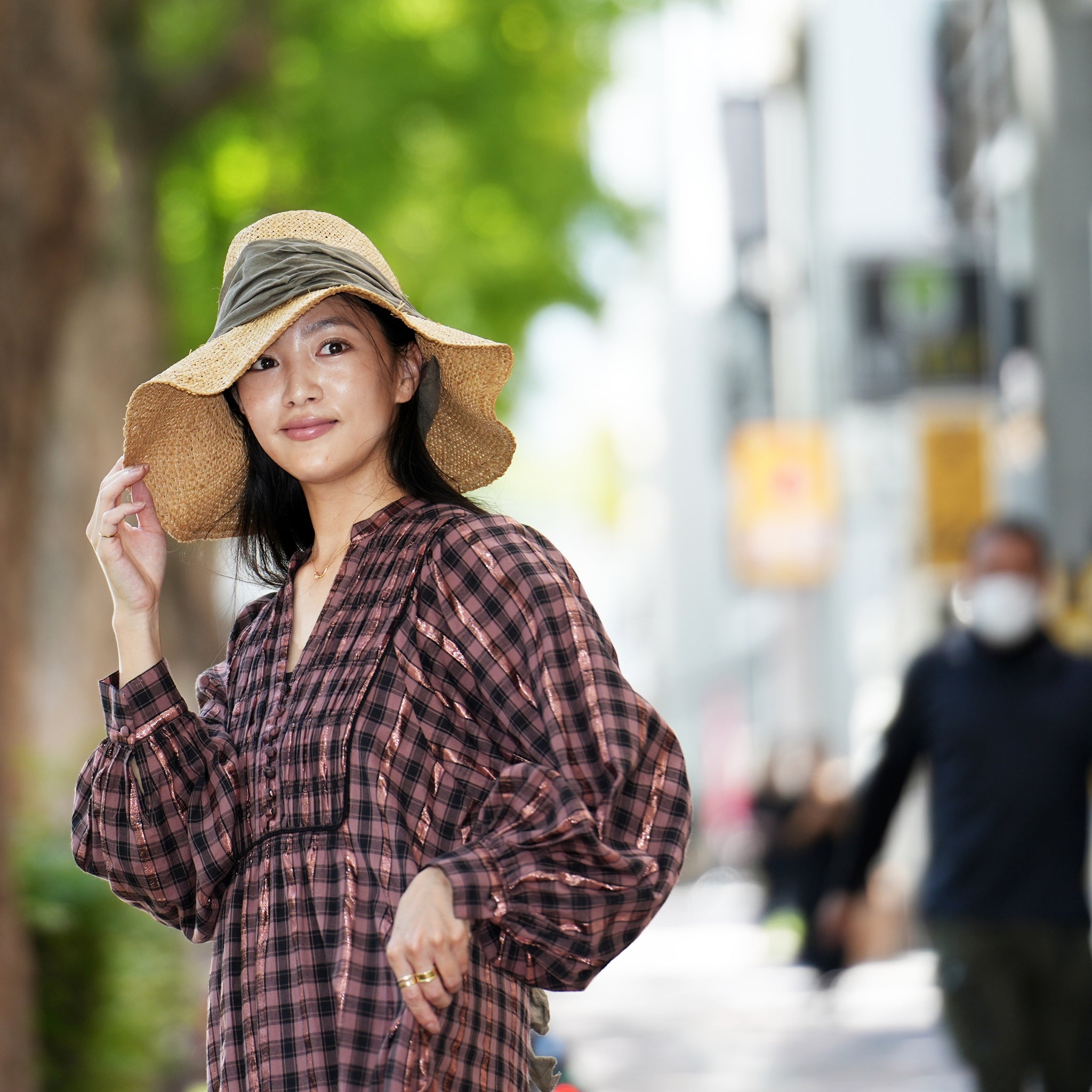 020442SR1 | COTTON CHECK SHIRRING LONG DRESS | Color:Brown【SARAMALLIKA_サラマリカ】【archive】