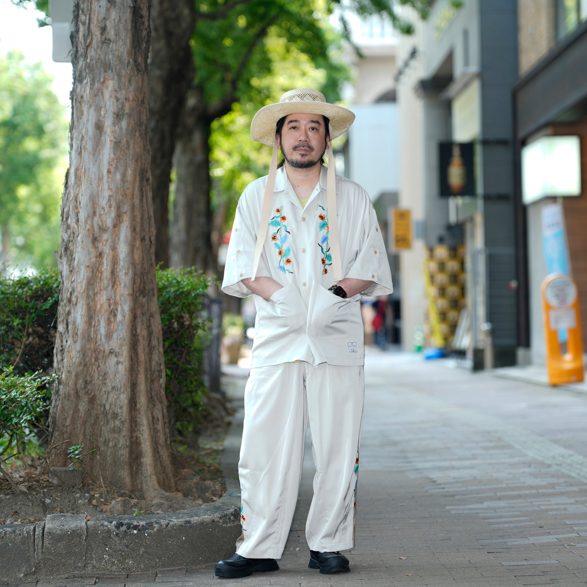 efite-07 | Hibiscus embroidery open collar s/s shirts | Color:Greige/Charcoal【EFFECTEN_エフェクテン】【archive】