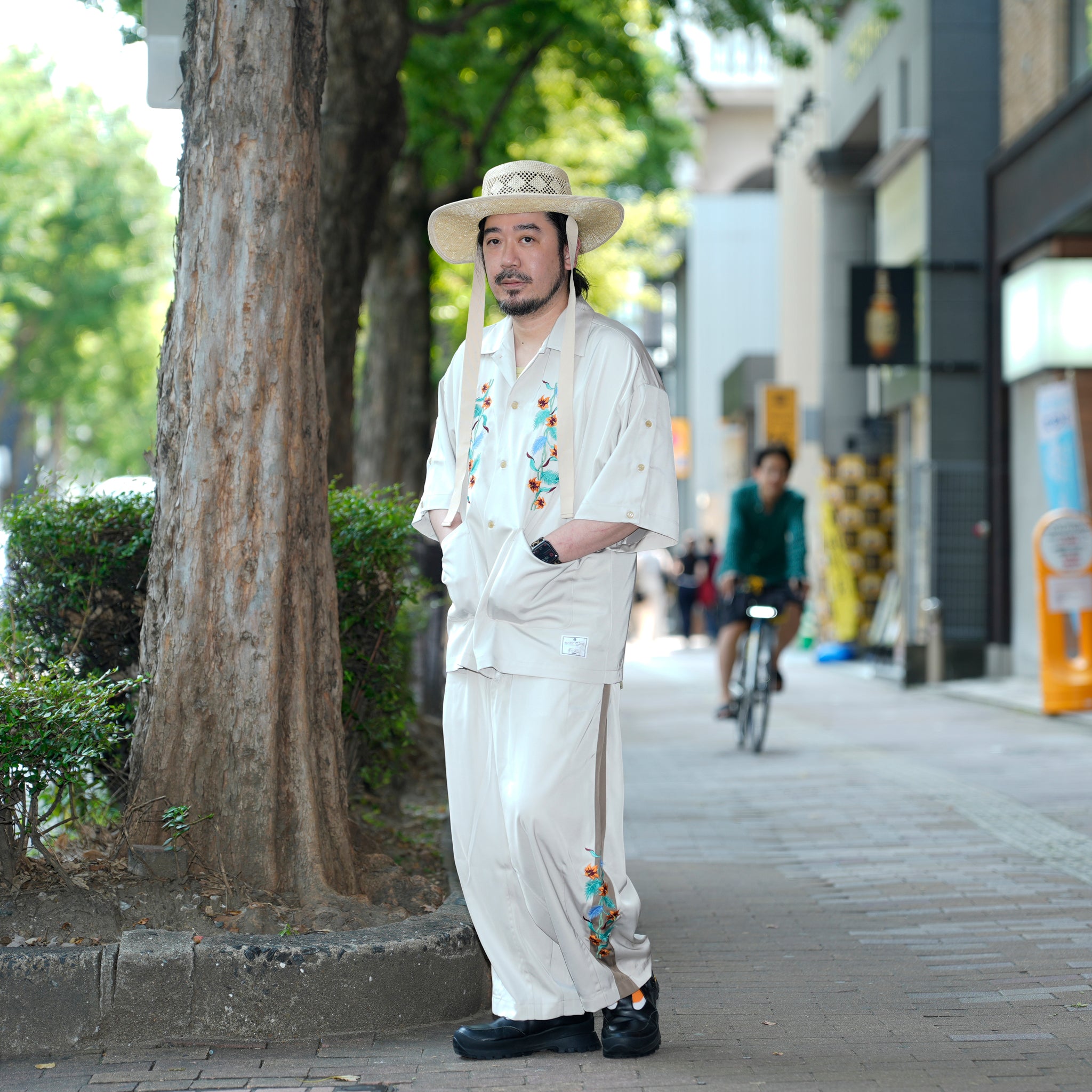 efite-07 | Hibiscus embroidery open collar s/s shirts | Color:Greige/Charcoal【EFFECTEN_エフェクテン】【archive】