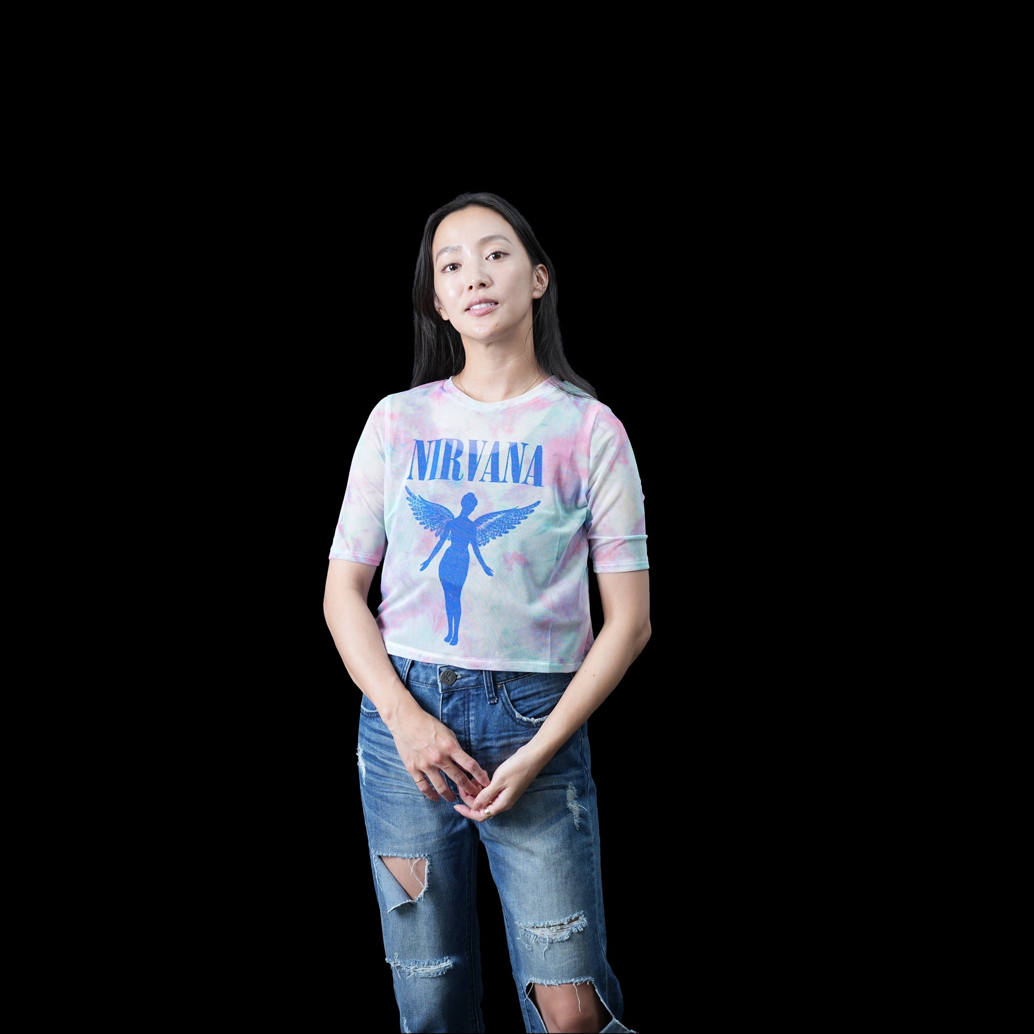 Name:Nirvana_Yellow Smiley_Lady_BL_Mesh Crop【ROCK OFF】【ネコポス選択可能】