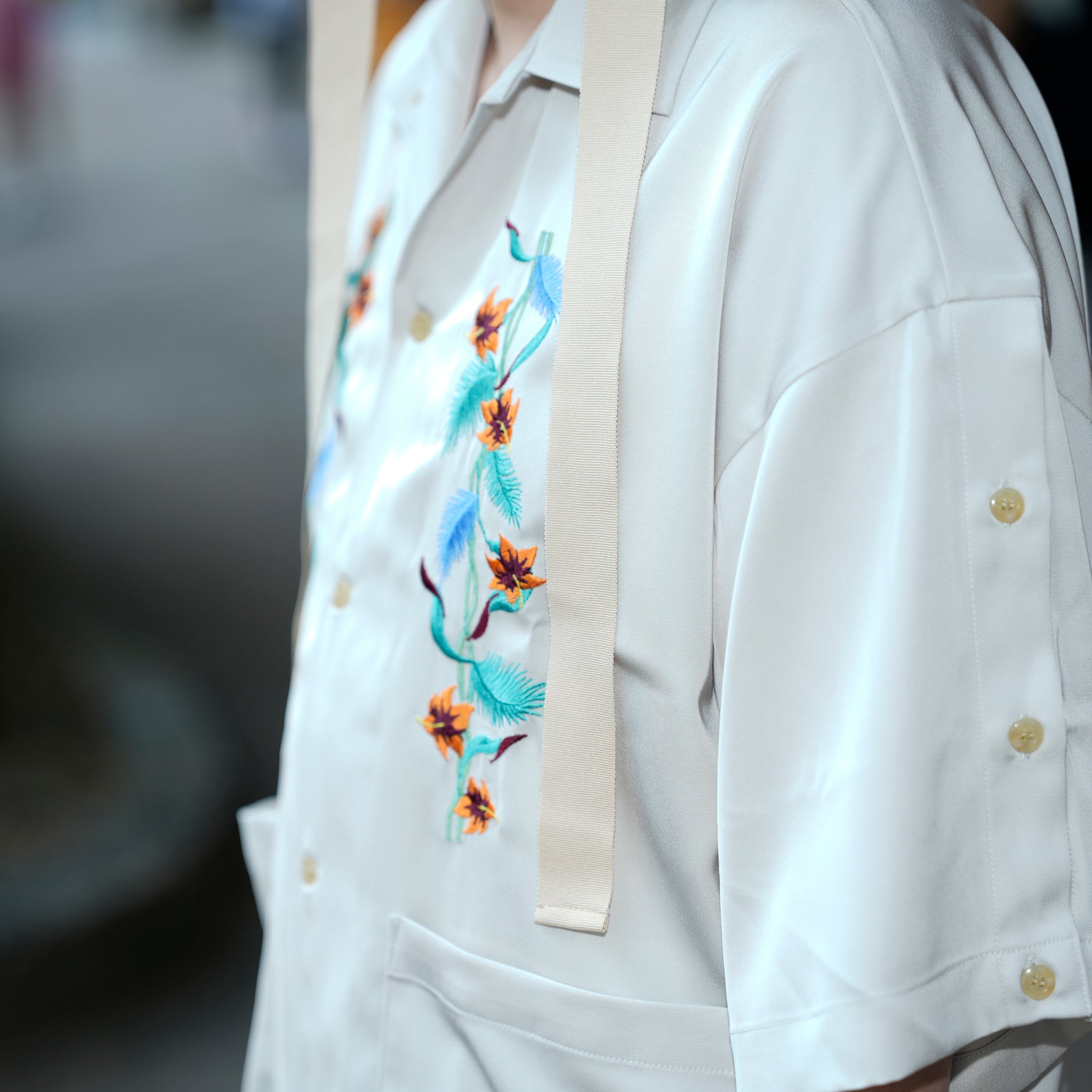 efite-07 | Hibiscus embroidery open collar s/s shirts | Color:Greige/Charcoal【EFFECTEN_エフェクテン】【archive】