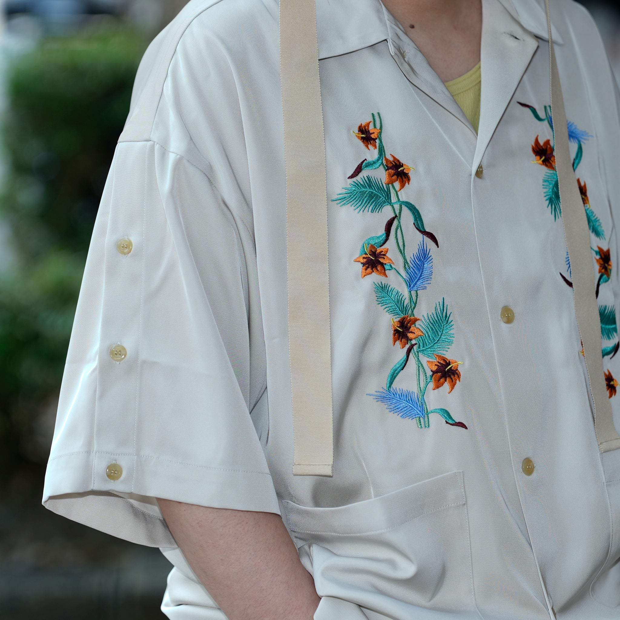 efite-07 | Hibiscus embroidery open collar s/s shirts | Color:Greige/Charcoal【EFFECTEN_エフェクテン】【archive】