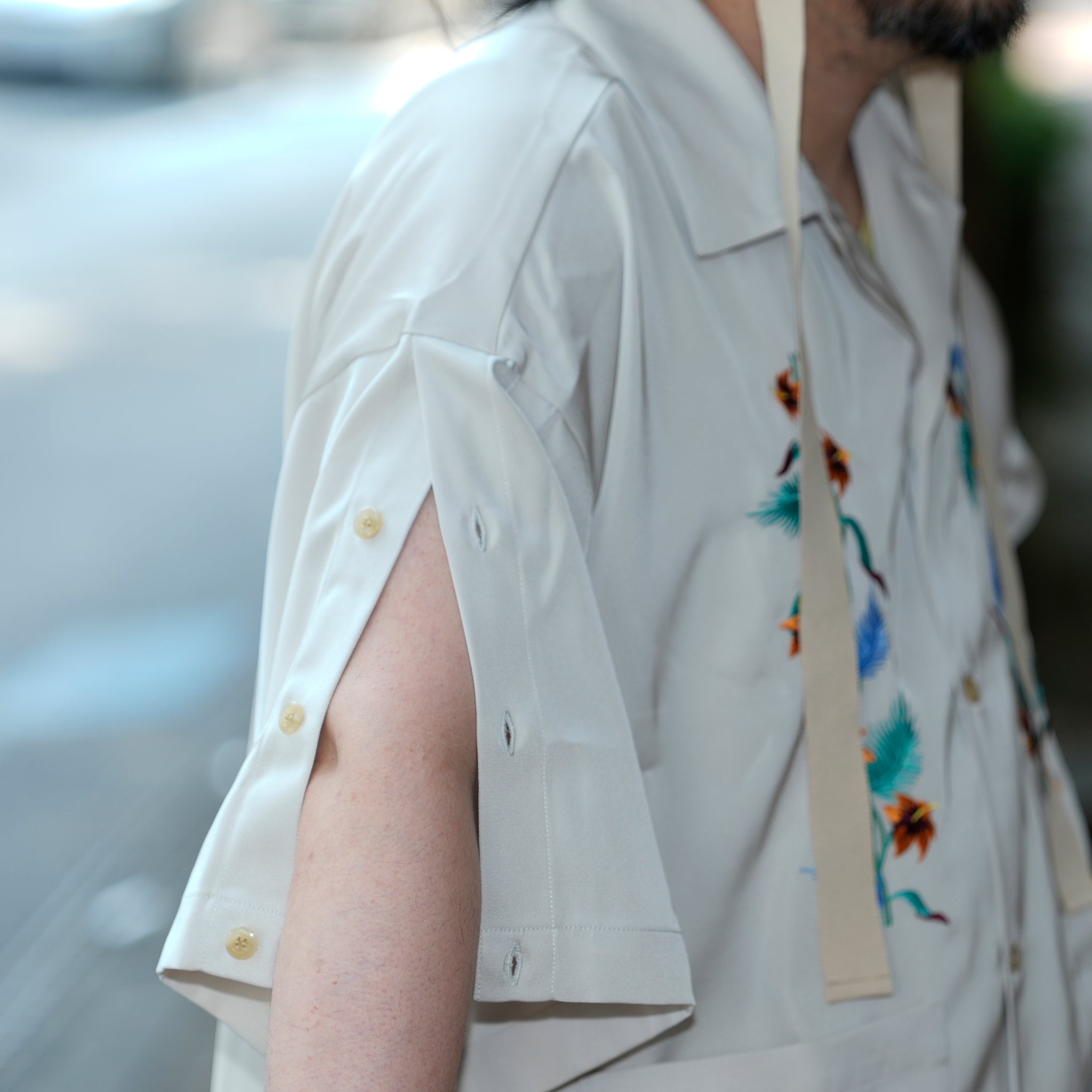 efite-07 | Hibiscus embroidery open collar s/s shirts | Color:Greige/Charcoal【EFFECTEN_エフェクテン】【archive】