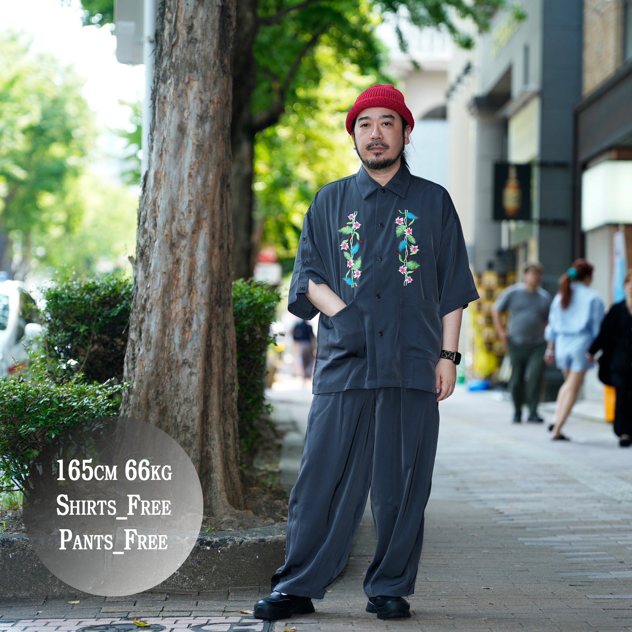 efite-07 | Hibiscus embroidery open collar s/s shirts | Color:Greige/Charcoal【EFFECTEN_エフェクテン】【archive】