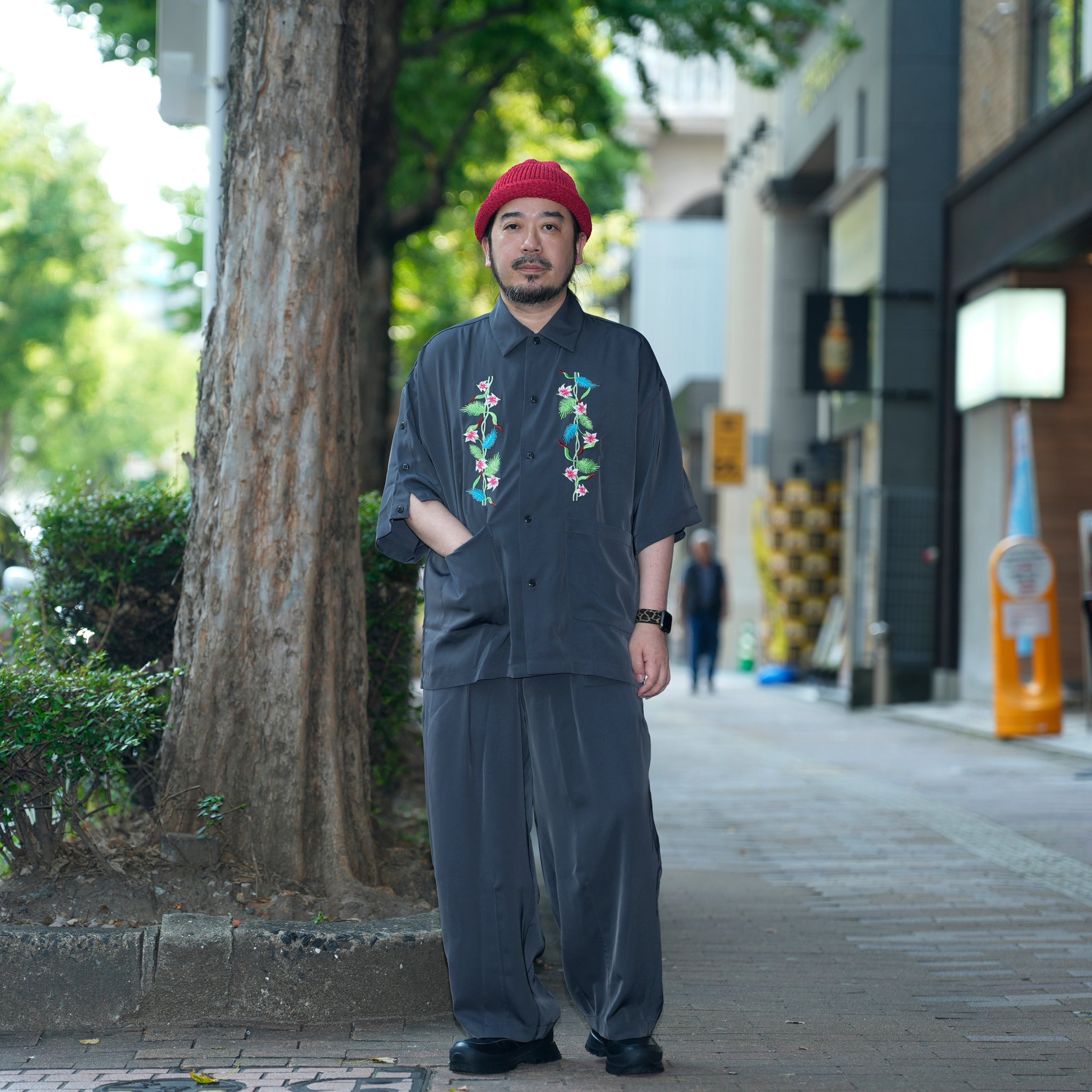 efite-07 | Hibiscus embroidery open collar s/s shirts | Color:Greige/Charcoal【EFFECTEN_エフェクテン】【archive】