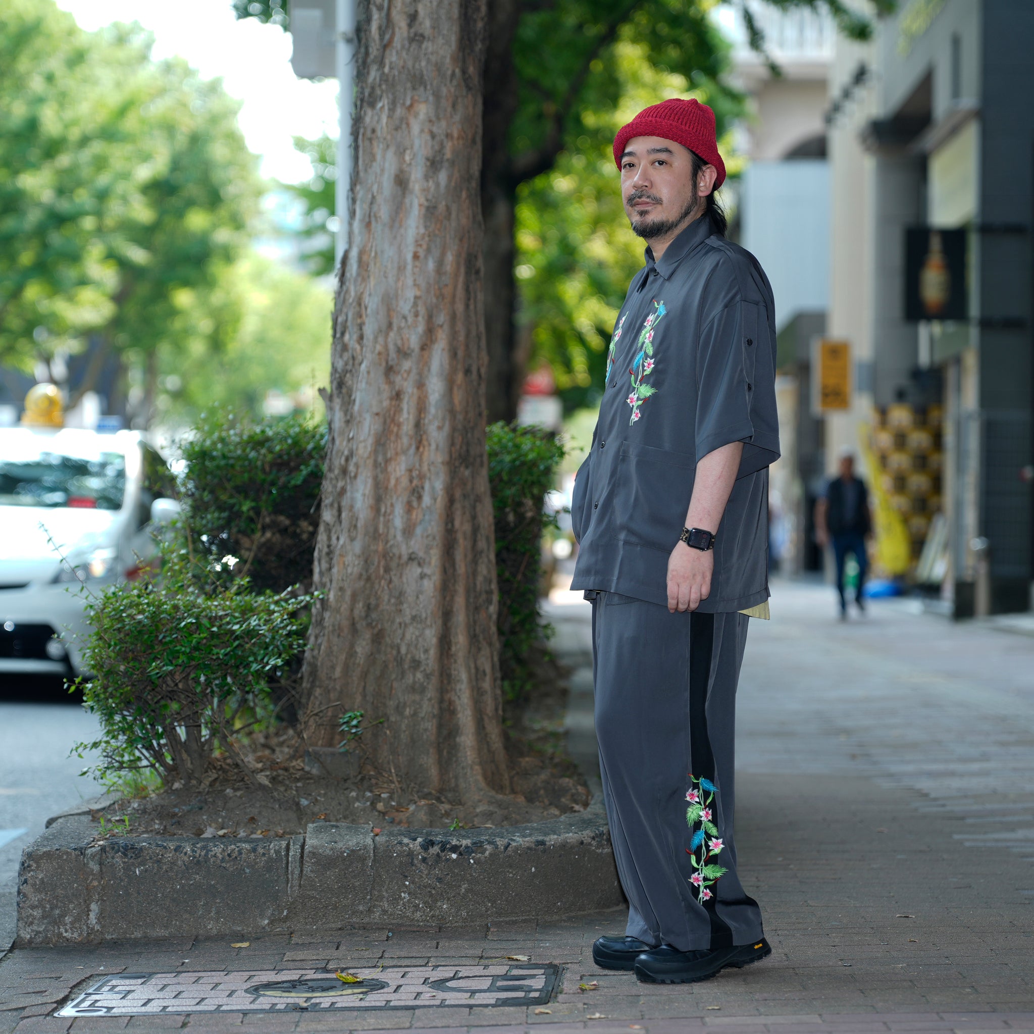 efite-07 | Hibiscus embroidery open collar s/s shirts | Color:Greige/Charcoal【EFFECTEN_エフェクテン】【archive】