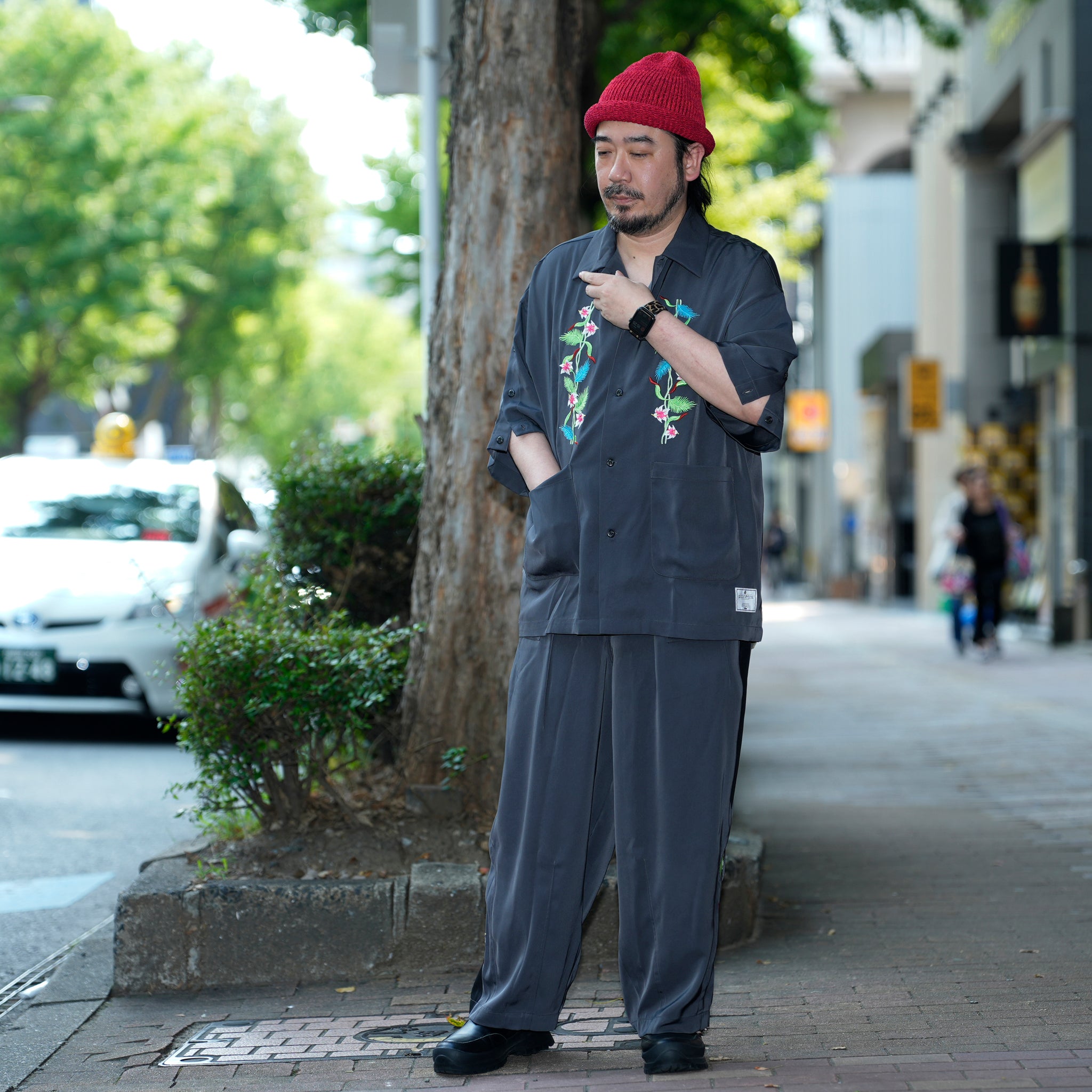 efite-07 | Hibiscus embroidery open collar s/s shirts | Color:Greige/Charcoal【EFFECTEN_エフェクテン】【archive】