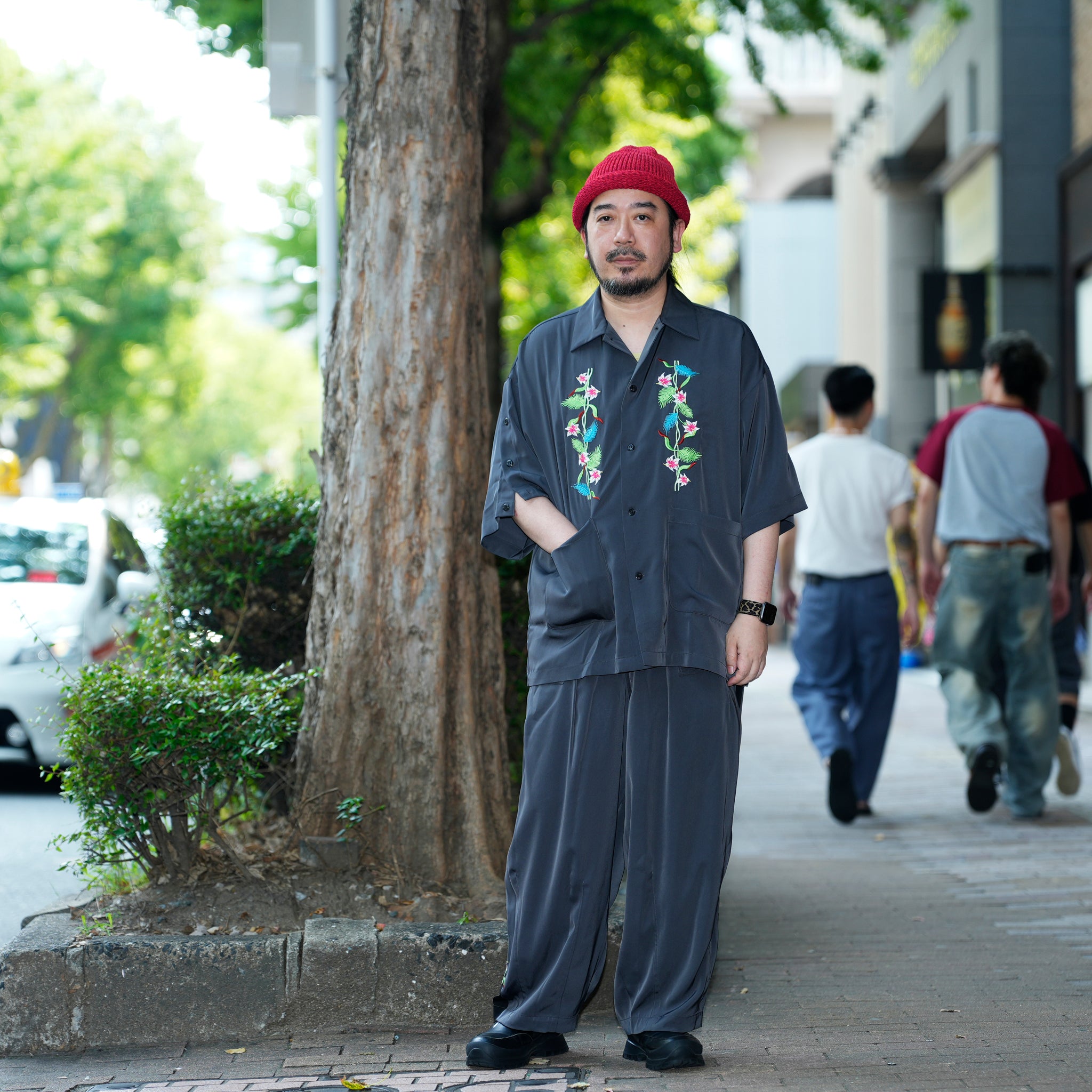efite-07 | Hibiscus embroidery open collar s/s shirts | Color:Greige/Charcoal【EFFECTEN_エフェクテン】【archive】