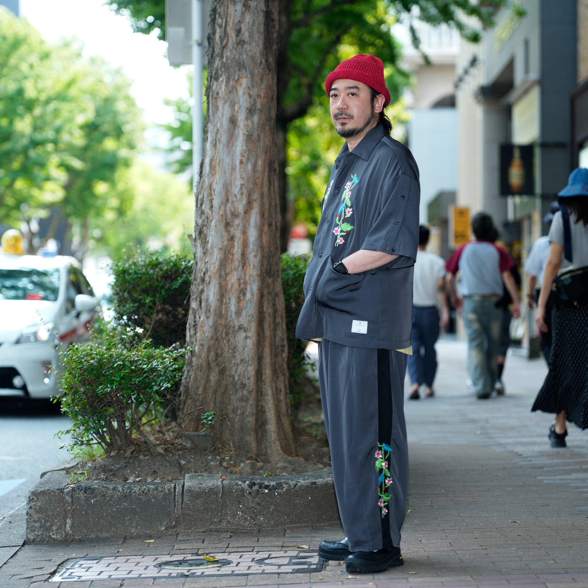 efite-07 | Hibiscus embroidery open collar s/s shirts | Color:Greige/Charcoal【EFFECTEN_エフェクテン】【archive】