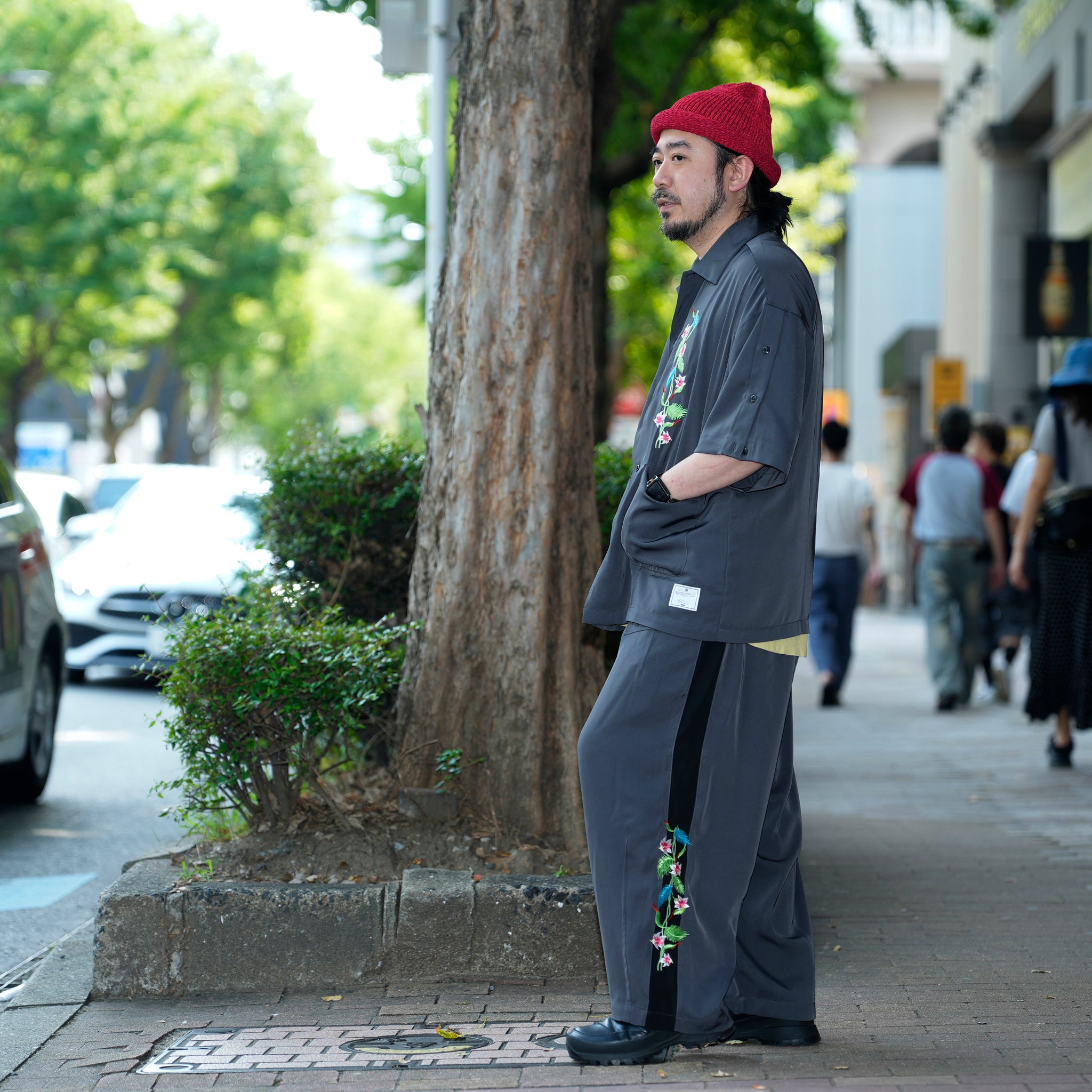 efite-07 | Hibiscus embroidery open collar s/s shirts | Color:Greige/Charcoal【EFFECTEN_エフェクテン】【archive】
