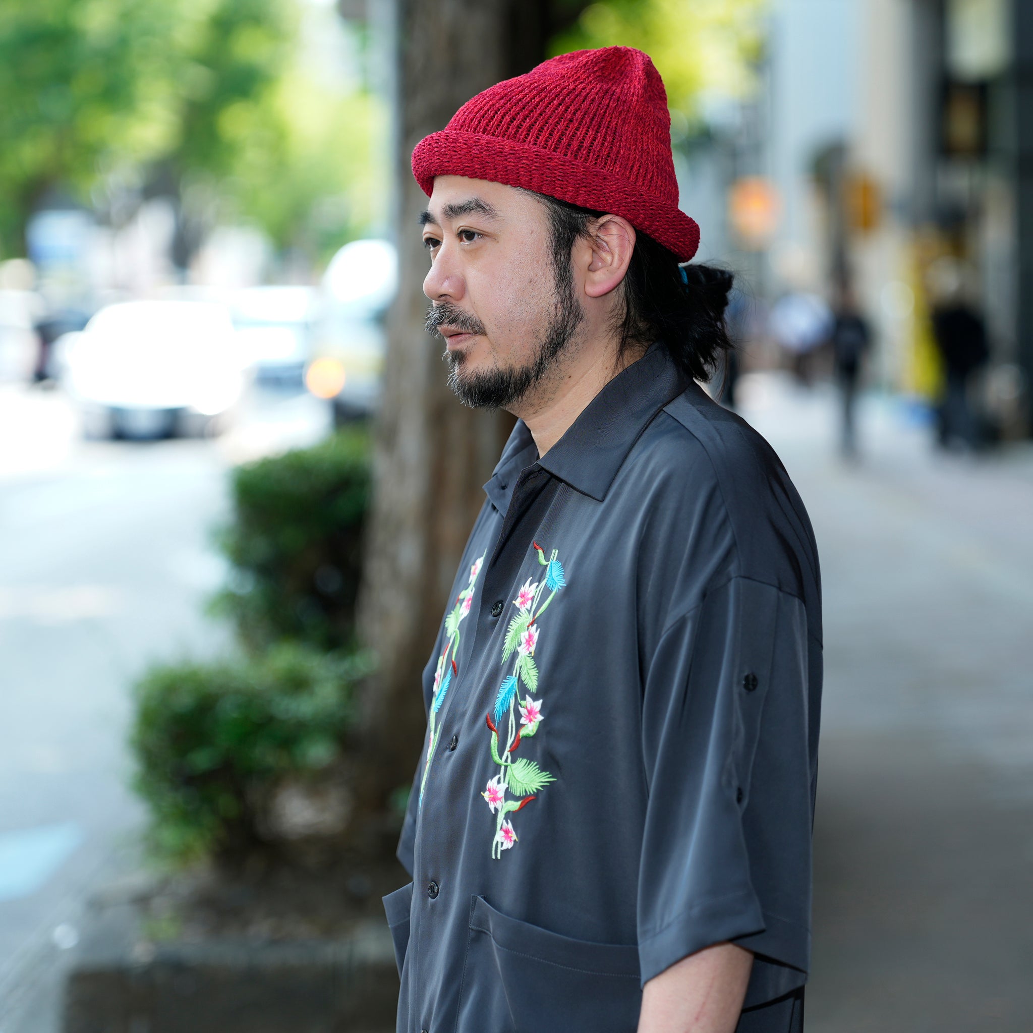 efite-07 | Hibiscus embroidery open collar s/s shirts | Color:Greige/Charcoal【EFFECTEN_エフェクテン】【archive】