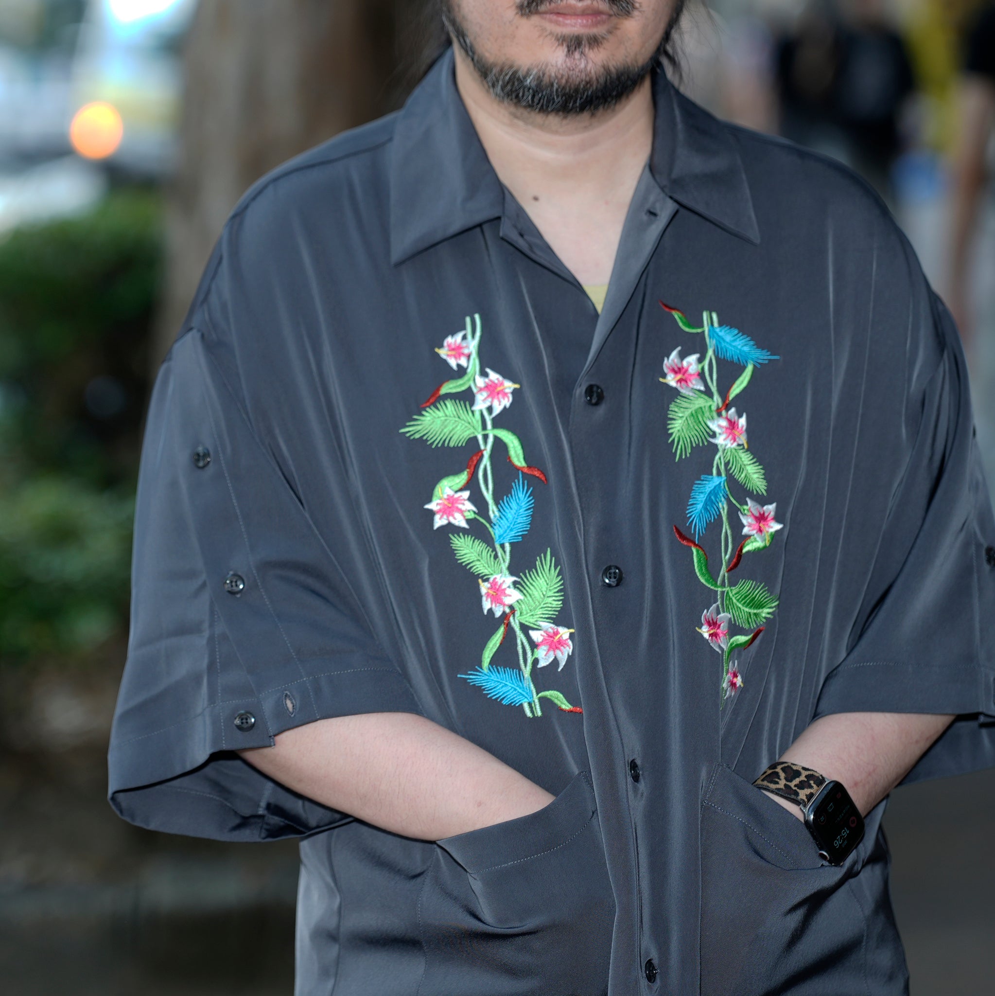 efite-07 | Hibiscus embroidery open collar s/s shirts | Color:Greige/Charcoal【EFFECTEN_エフェクテン】【archive】