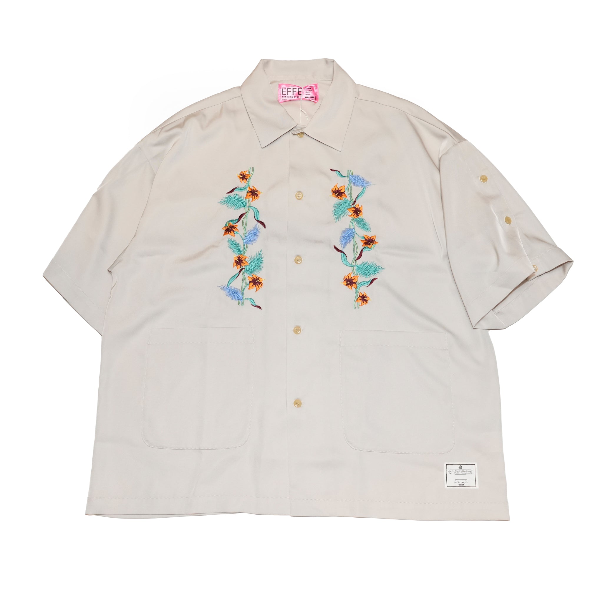 efite-07 | Hibiscus embroidery open collar s/s shirts | Color:Greige/Charcoal【EFFECTEN_エフェクテン】【archive】