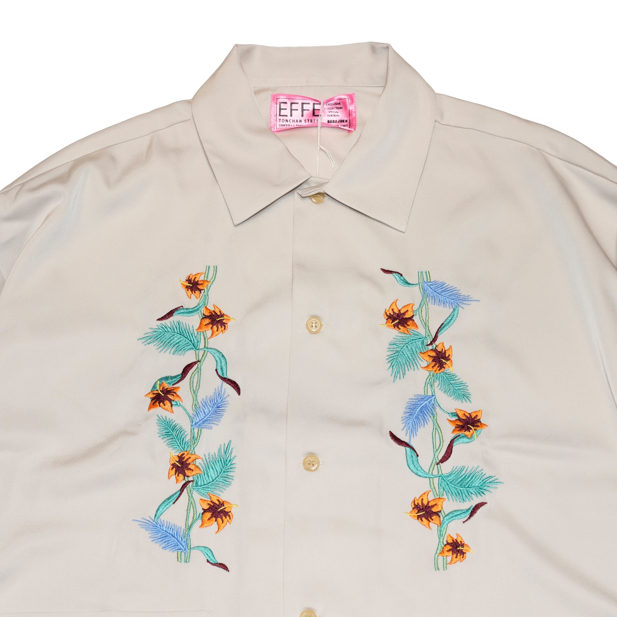 efite-07 | Hibiscus embroidery open collar s/s shirts | Color:Greige/Charcoal【EFFECTEN_エフェクテン】【archive】