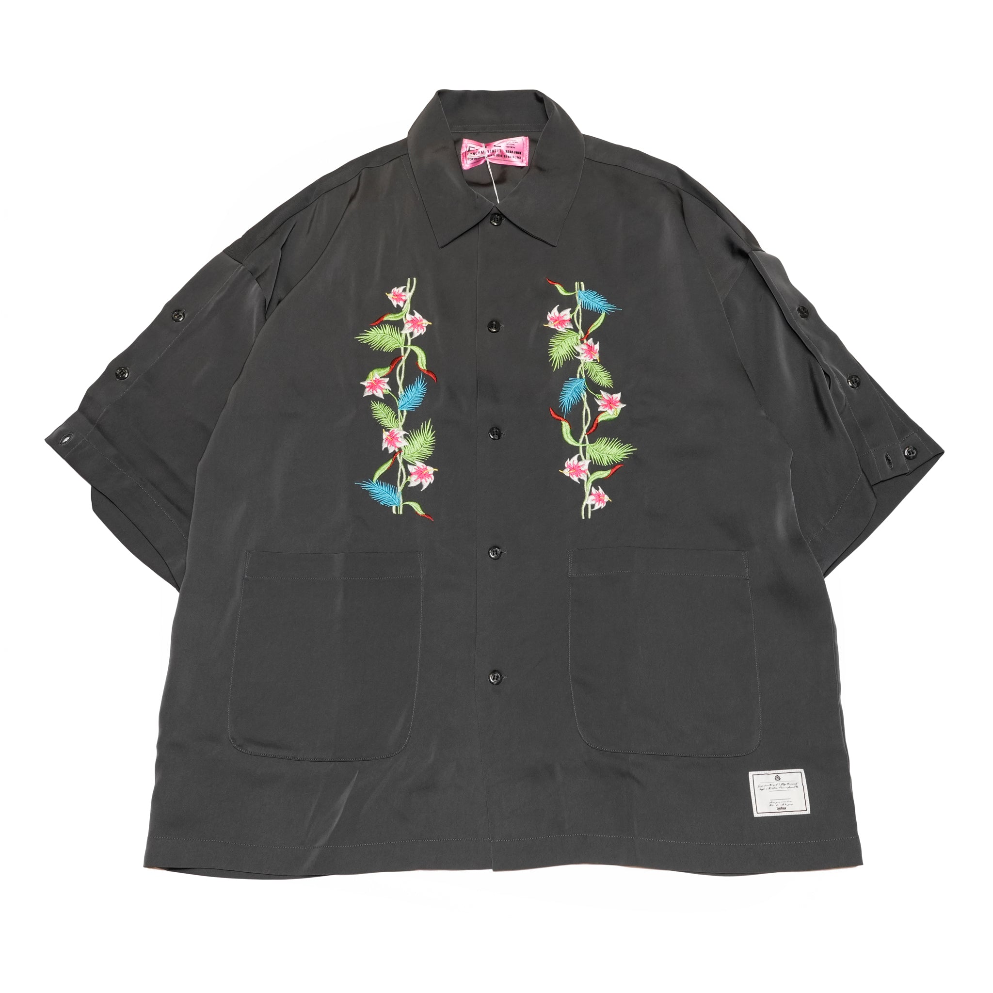 efite-07 | Hibiscus embroidery open collar s/s shirts | Color:Greige/Charcoal【EFFECTEN_エフェクテン】【archive】