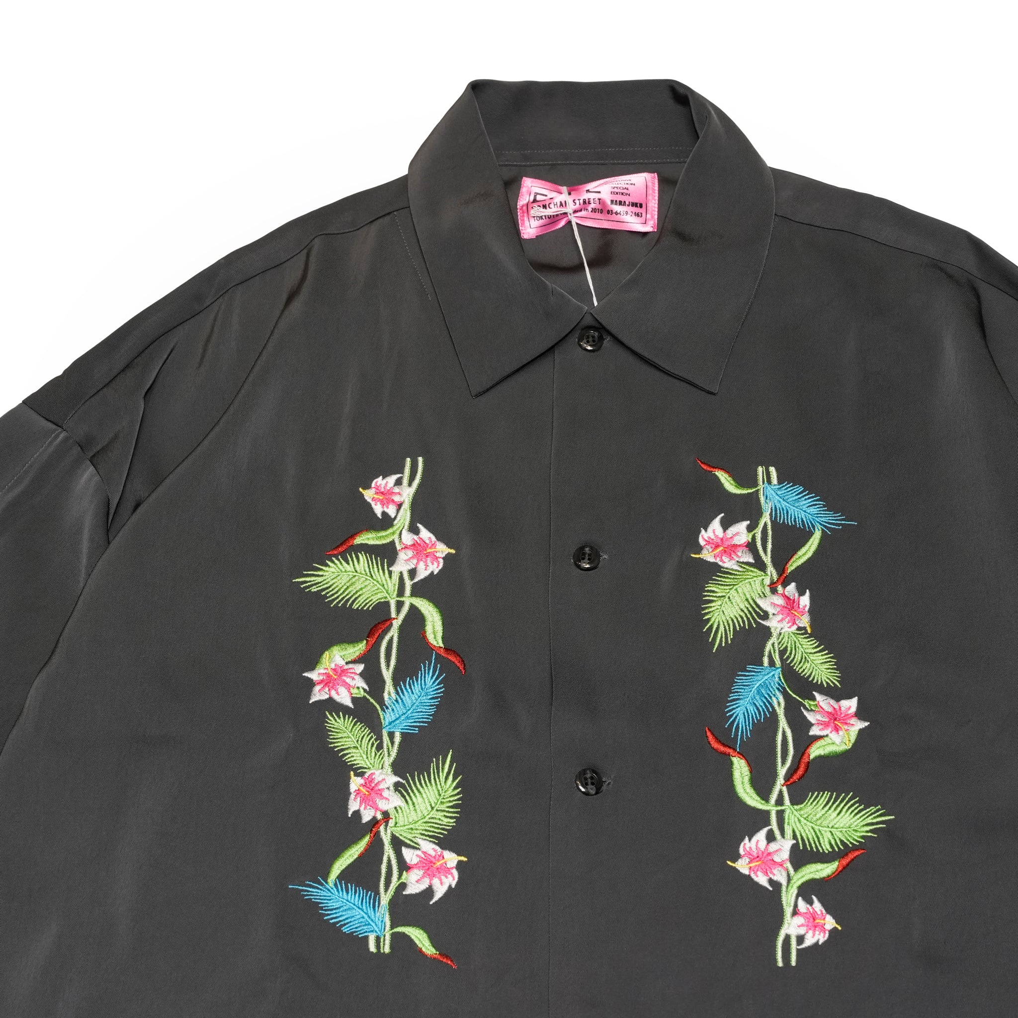 efite-07 | Hibiscus embroidery open collar s/s shirts | Color:Greige/Charcoal【EFFECTEN_エフェクテン】【archive】