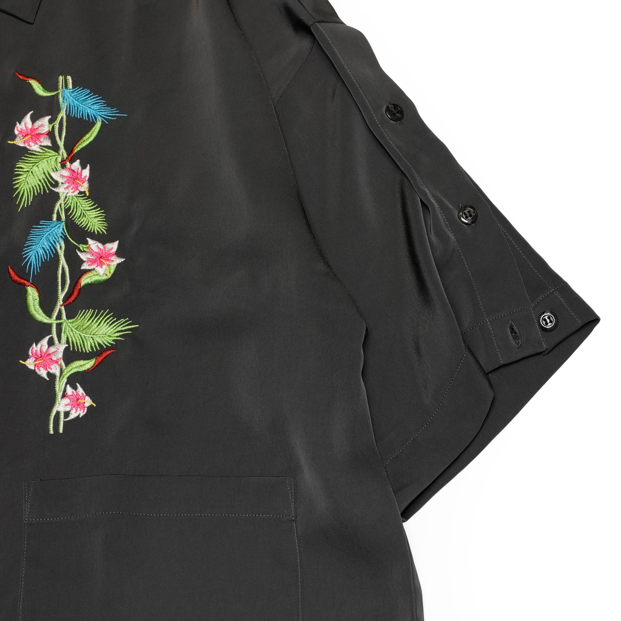 efite-07 | Hibiscus embroidery open collar s/s shirts | Color:Greige/Charcoal【EFFECTEN_エフェクテン】【archive】