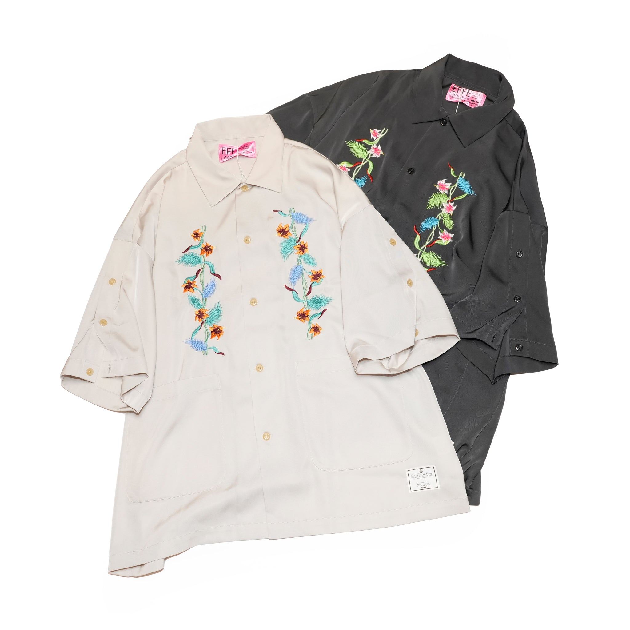 efite-07 | Hibiscus embroidery open collar s/s shirts | Color:Greige/Charcoal【EFFECTEN_エフェクテン】【archive】