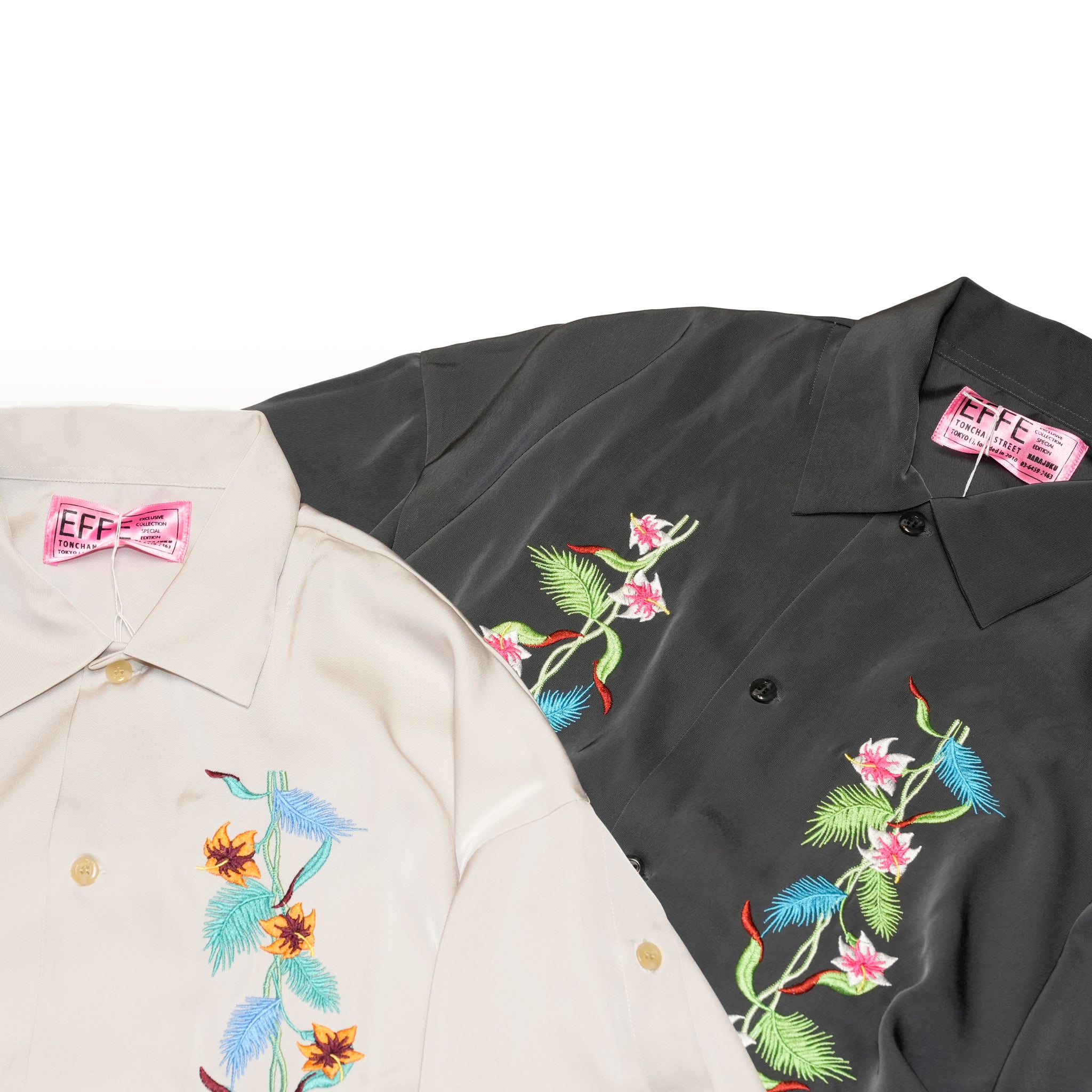 efite-07 | Hibiscus embroidery open collar s/s shirts | Color:Greige/Charcoal【EFFECTEN_エフェクテン】【archive】