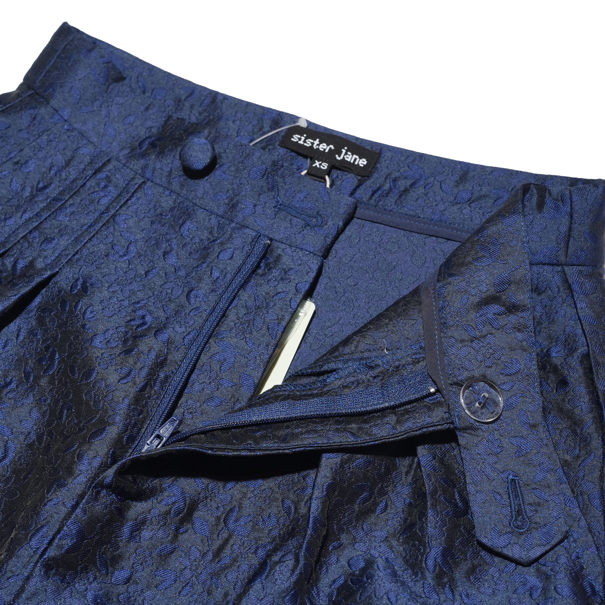 Orchid Jacquard Ruffle Trousers – Navy | SISTER JANE