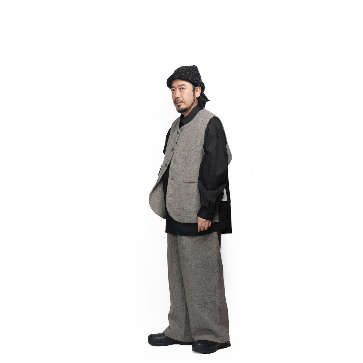 Wool Blend Tweed Back-Open Layered Crew Neck Vest <#garyge> | 〼〼 MASU MASU