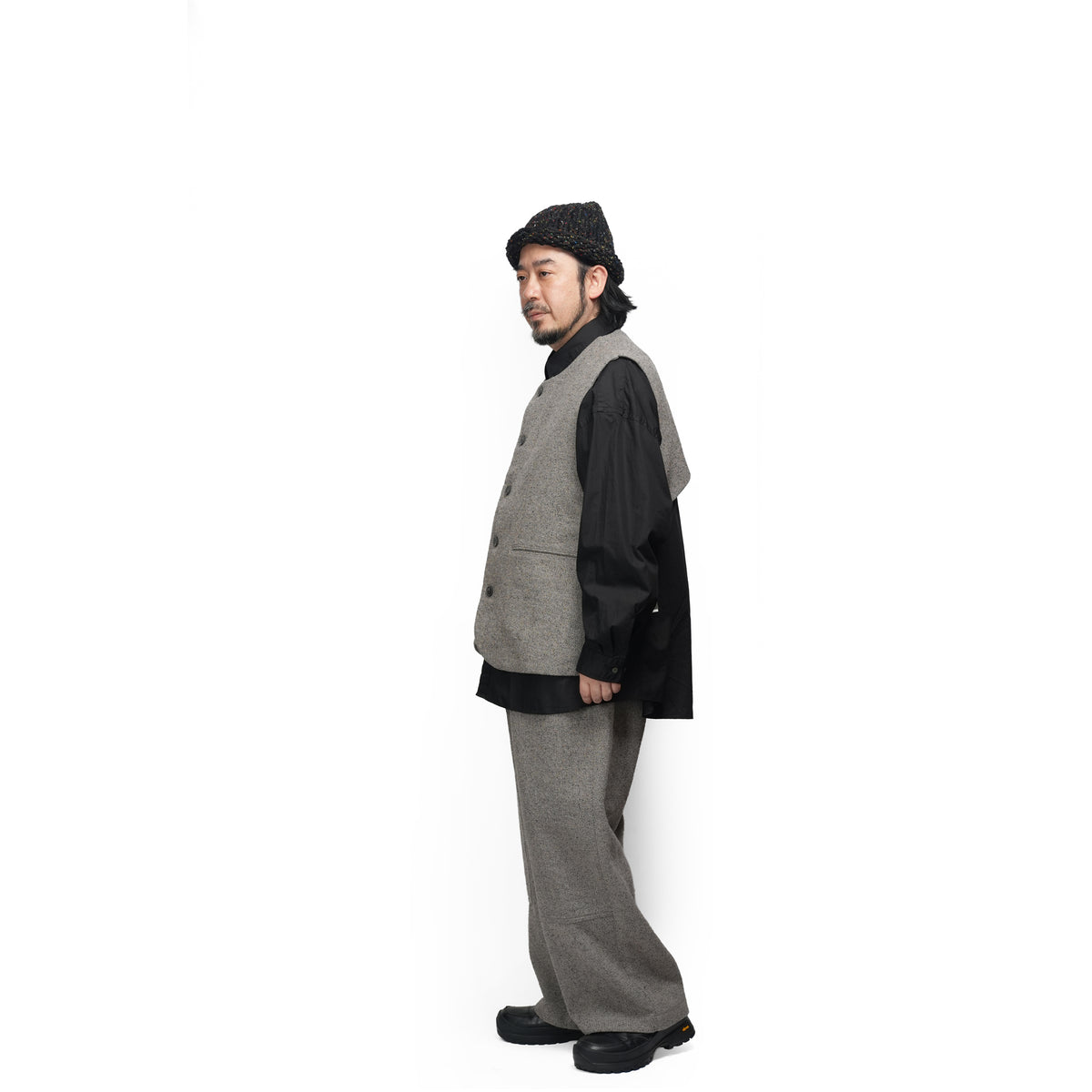 Wool Blend Tweed Back-Open Layered Crew Neck Vest <#garyge> | 〼〼 MASU MASU