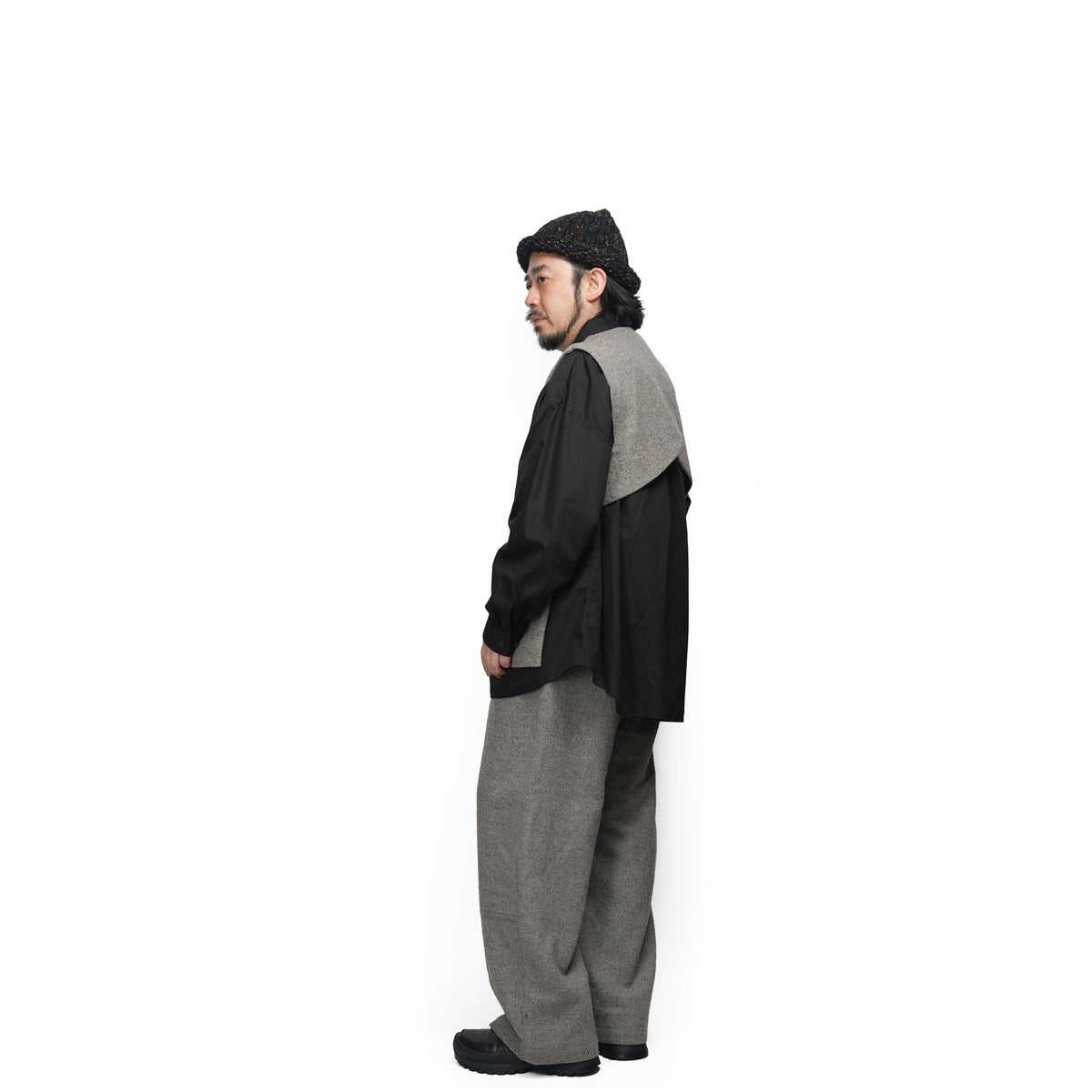 Wool Blend Tweed Back-Open Layered Crew Neck Vest <#garyge> | 〼〼 MASU MASU