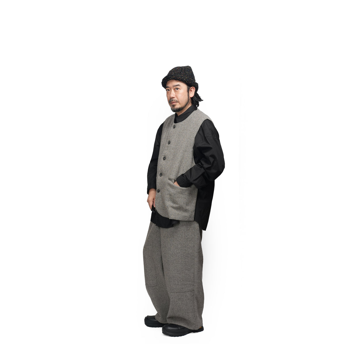 Wool Blend Tweed Back-Open Layered Crew Neck Vest <#garyge> | 〼〼 MASU MASU