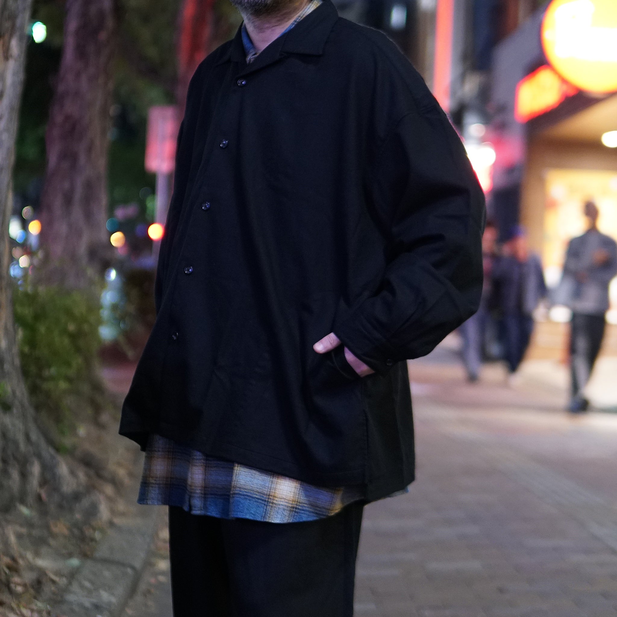 2023aw-OP-02 | OPEN COLLAR SHIRT-WOOL FLANNEL | Color:Black【CATTA_カッタ】