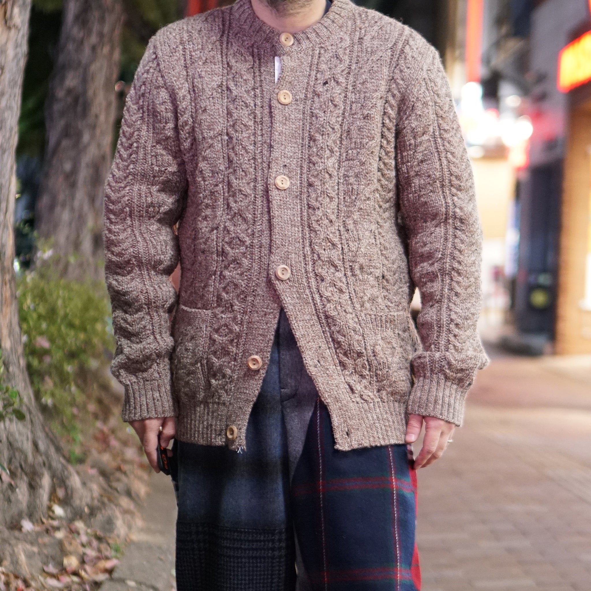 KW-0005 | Aran Cable Collarless Cardigan Heavy | Color:Midnight/Fenland Tweed【KERRY WOOLLEN MILLS】