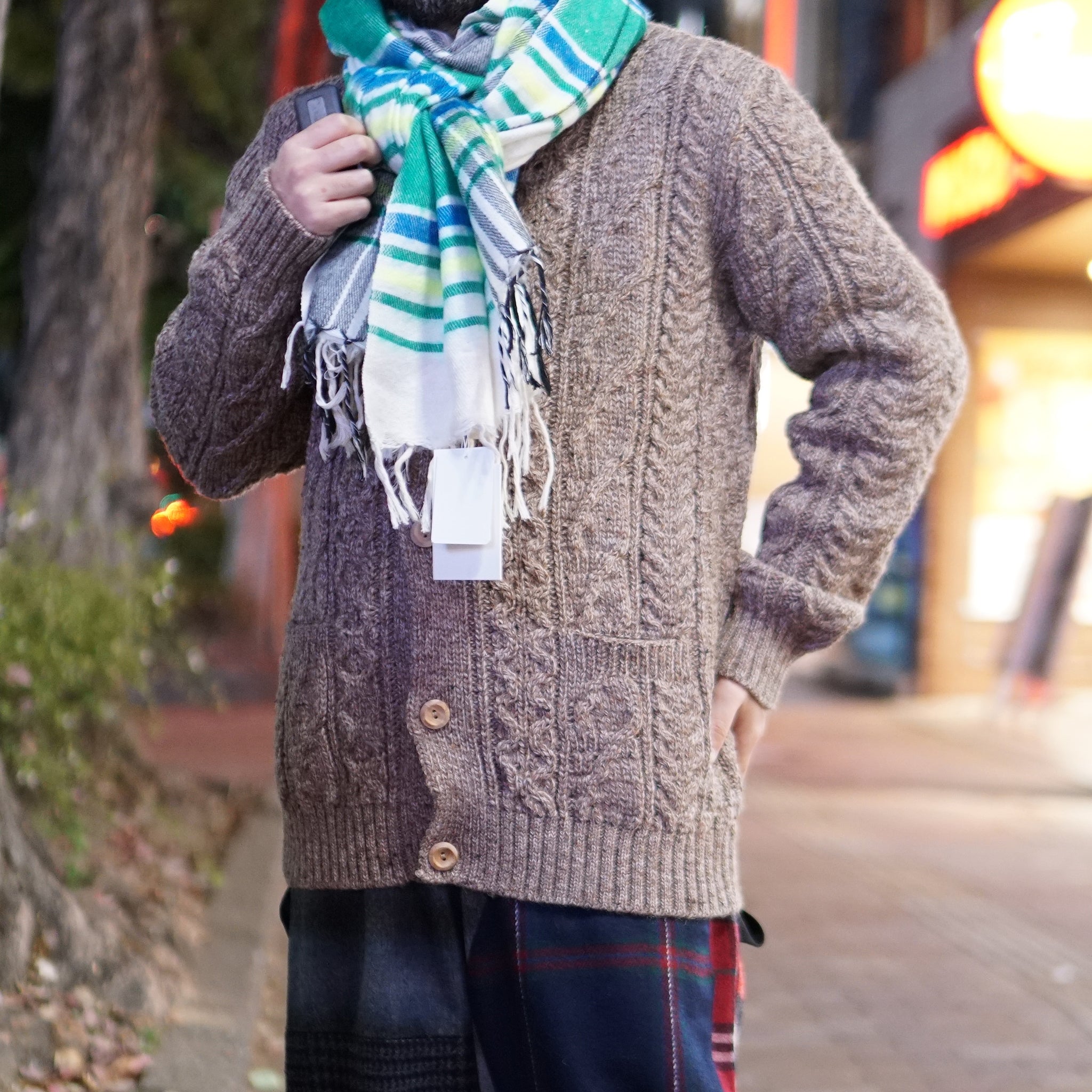 KW-0005 | Aran Cable Collarless Cardigan Heavy | Color:Midnight/Fenland Tweed【KERRY WOOLLEN MILLS】