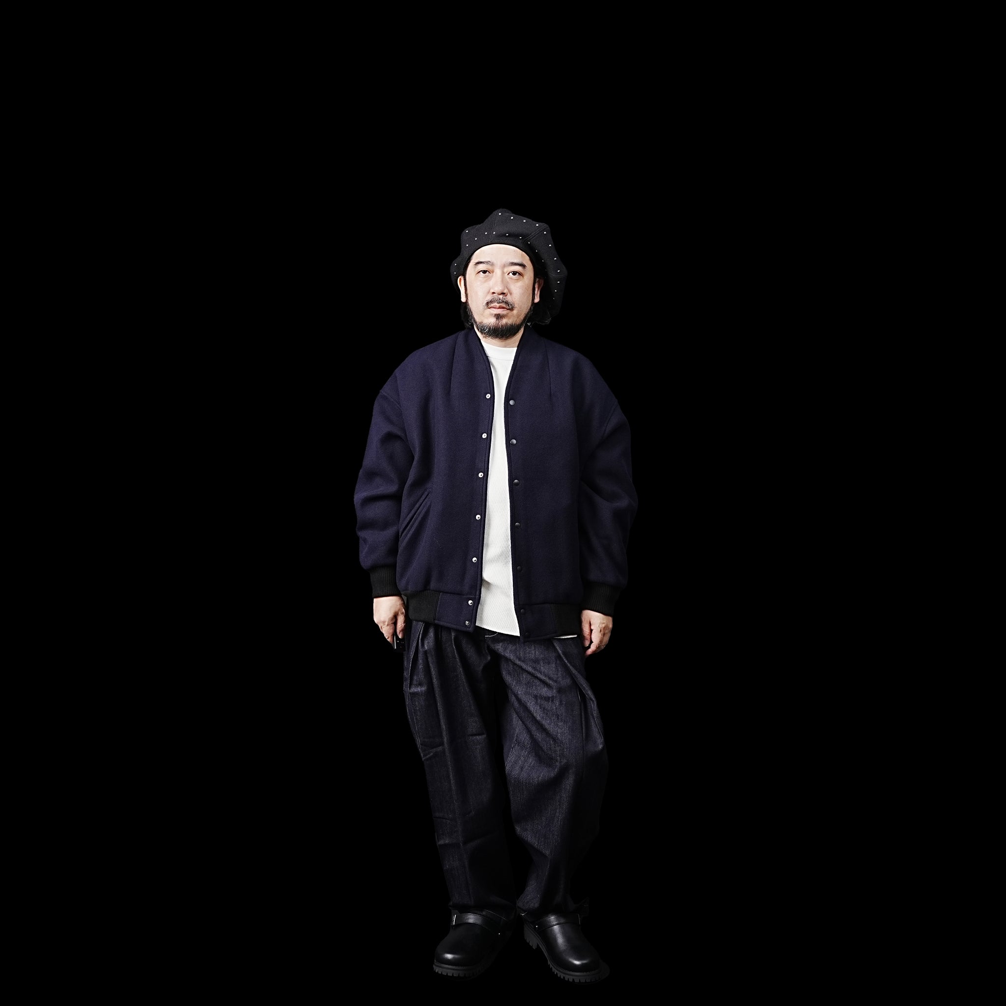 No:MIL23FJK3210 | Name:COLLARLESS VARSITY JACKET | Color:Navy/Ecru【KHA:KI_カーキ】
