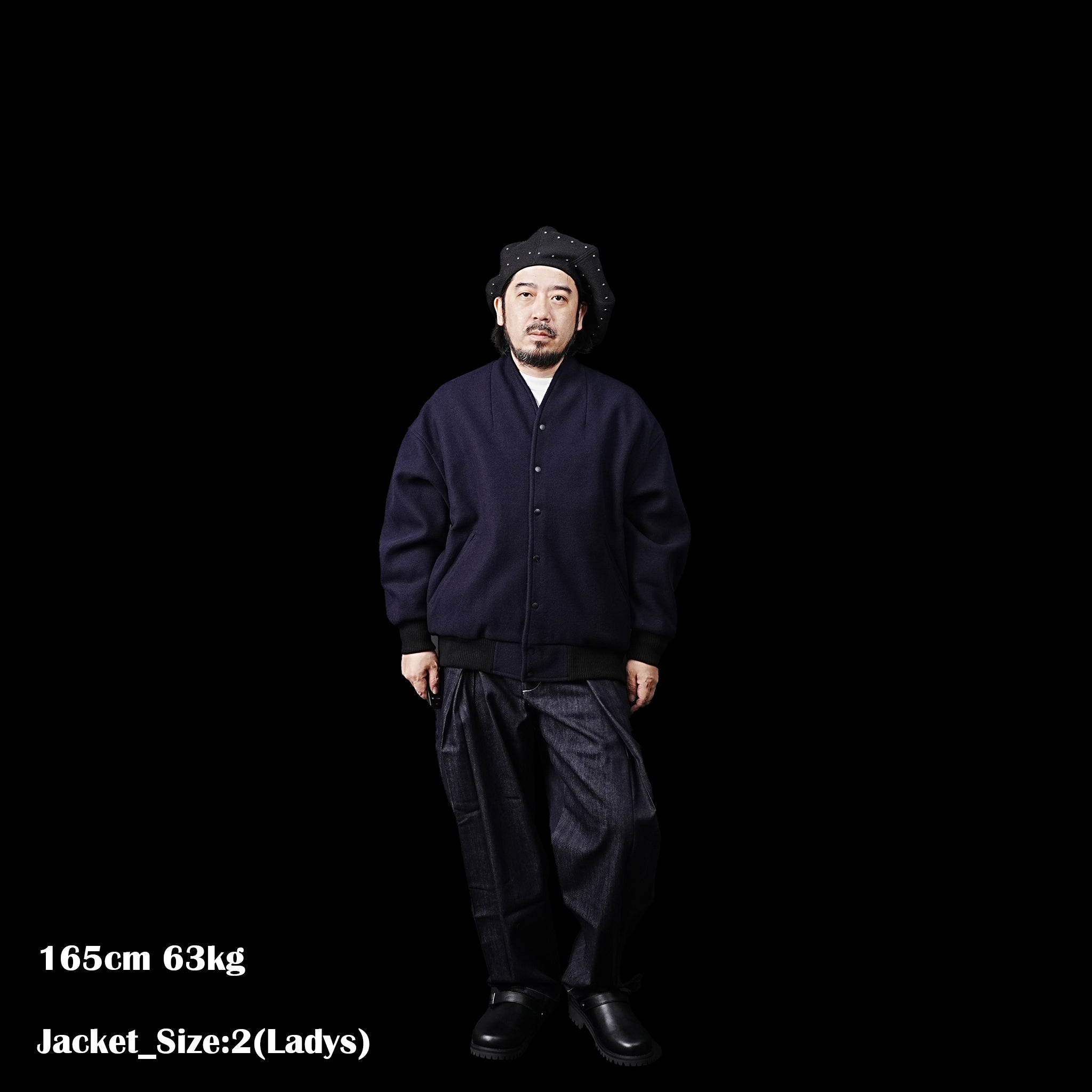 No:MIL23FJK3210 | Name:COLLARLESS VARSITY JACKET | Color:Navy/Ecru【KHA:KI_カーキ】