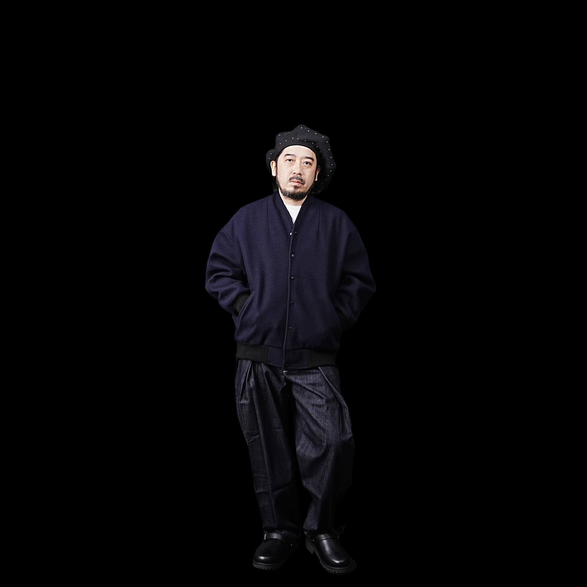 No:MIL23FJK3210 | Name:COLLARLESS VARSITY JACKET | Color:Navy/Ecru【KHA:KI_カーキ】