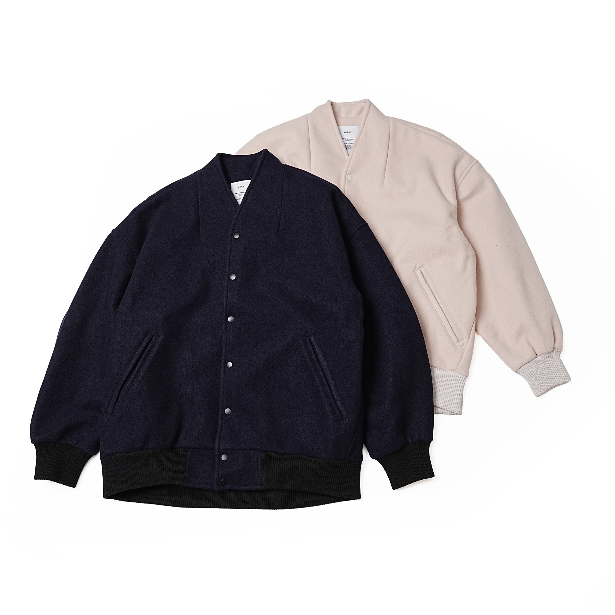 No:MIL23FJK3210 | Name:COLLARLESS VARSITY JACKET | Color:Navy/Ecru【KHA:KI_カーキ】
