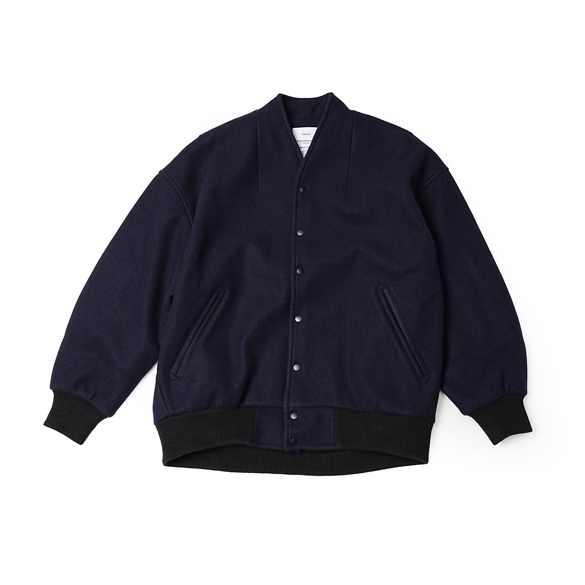 No:MIL23FJK3210 | Name:COLLARLESS VARSITY JACKET | Color:Navy/Ecru【KHA:KI_カーキ】