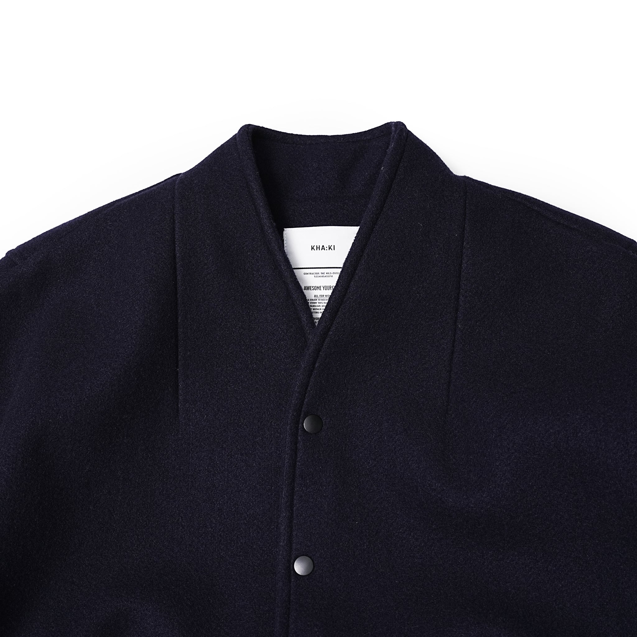 No:MIL23FJK3210 | Name:COLLARLESS VARSITY JACKET | Color:Navy/Ecru【KHA:KI_カーキ】