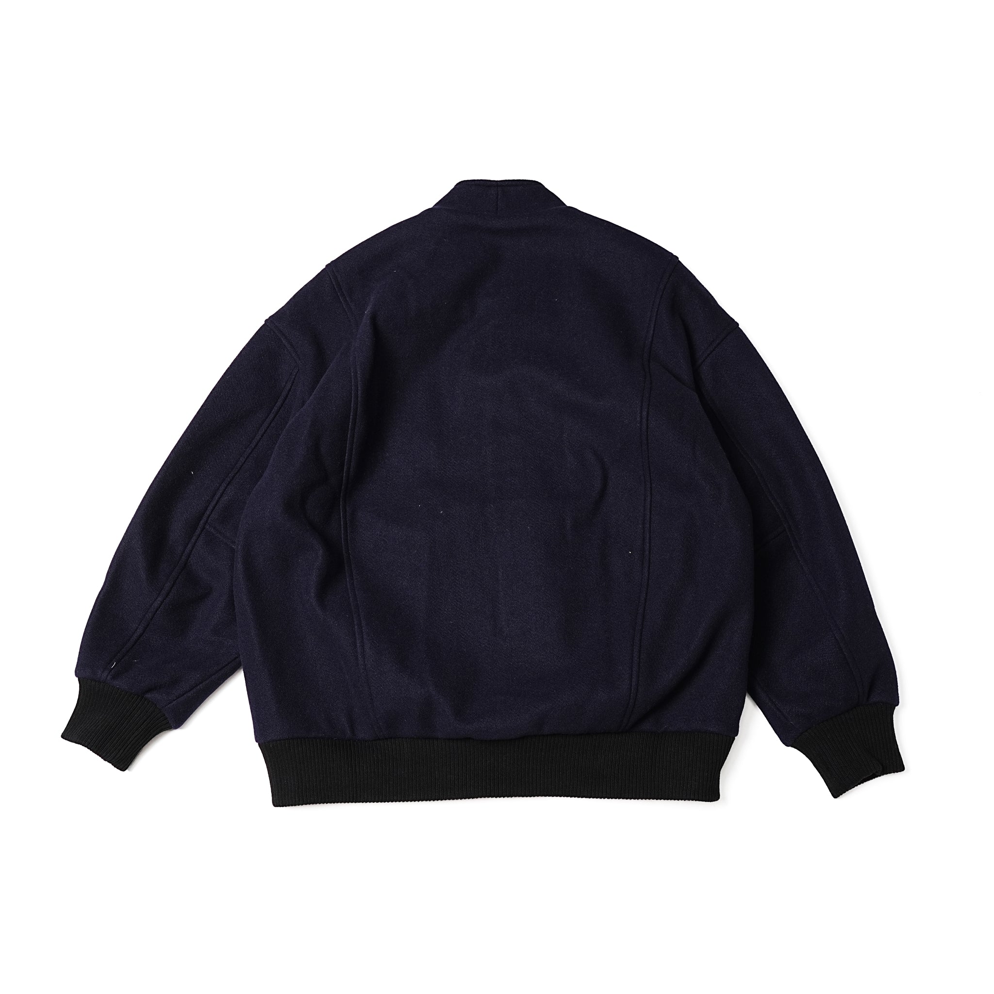 No:MIL23FJK3210 | Name:COLLARLESS VARSITY JACKET | Color:Navy/Ecru【KHA:KI_カーキ】