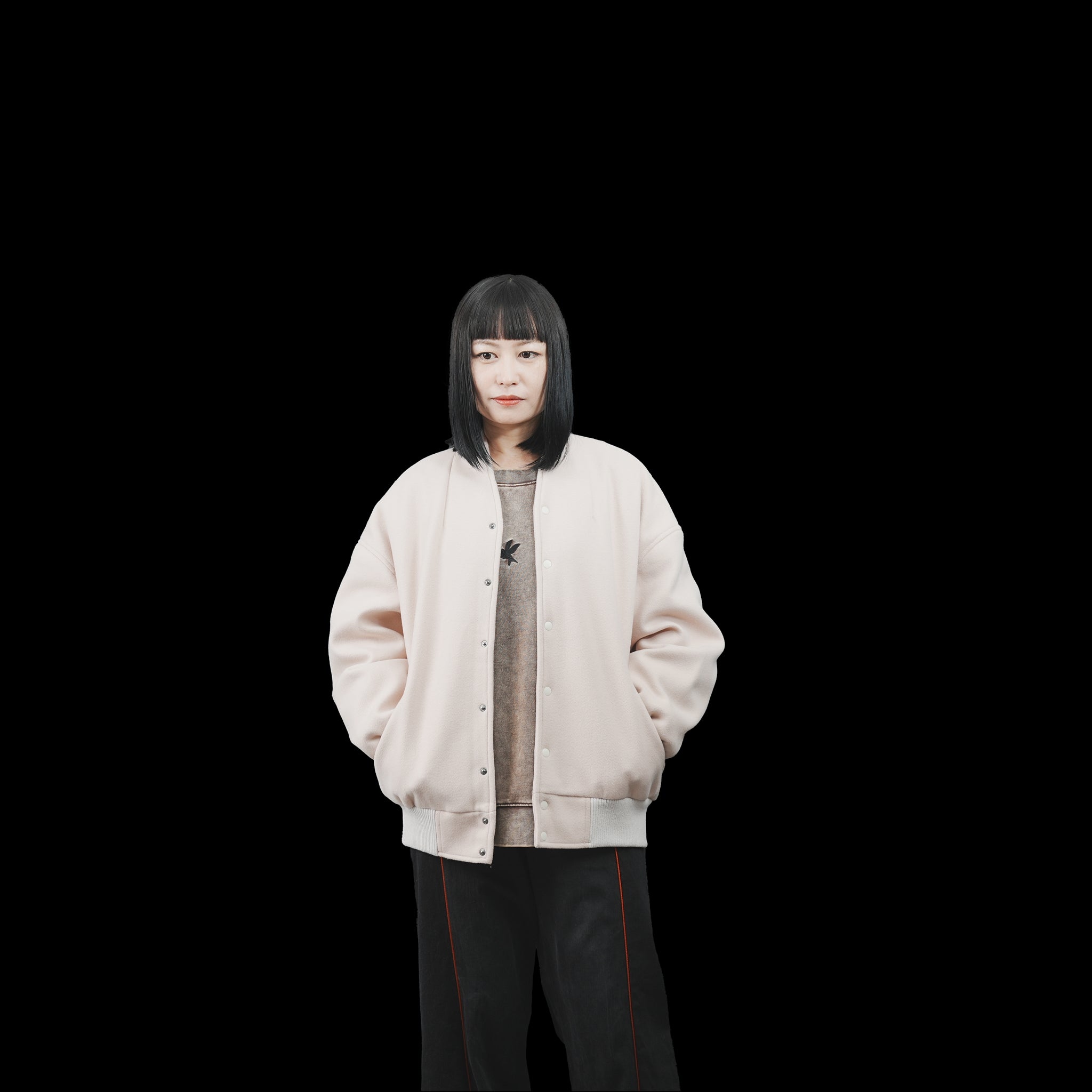 No:MIL23FJK3210 | Name:COLLARLESS VARSITY JACKET | Color:Navy/Ecru【KHA:KI_カーキ】