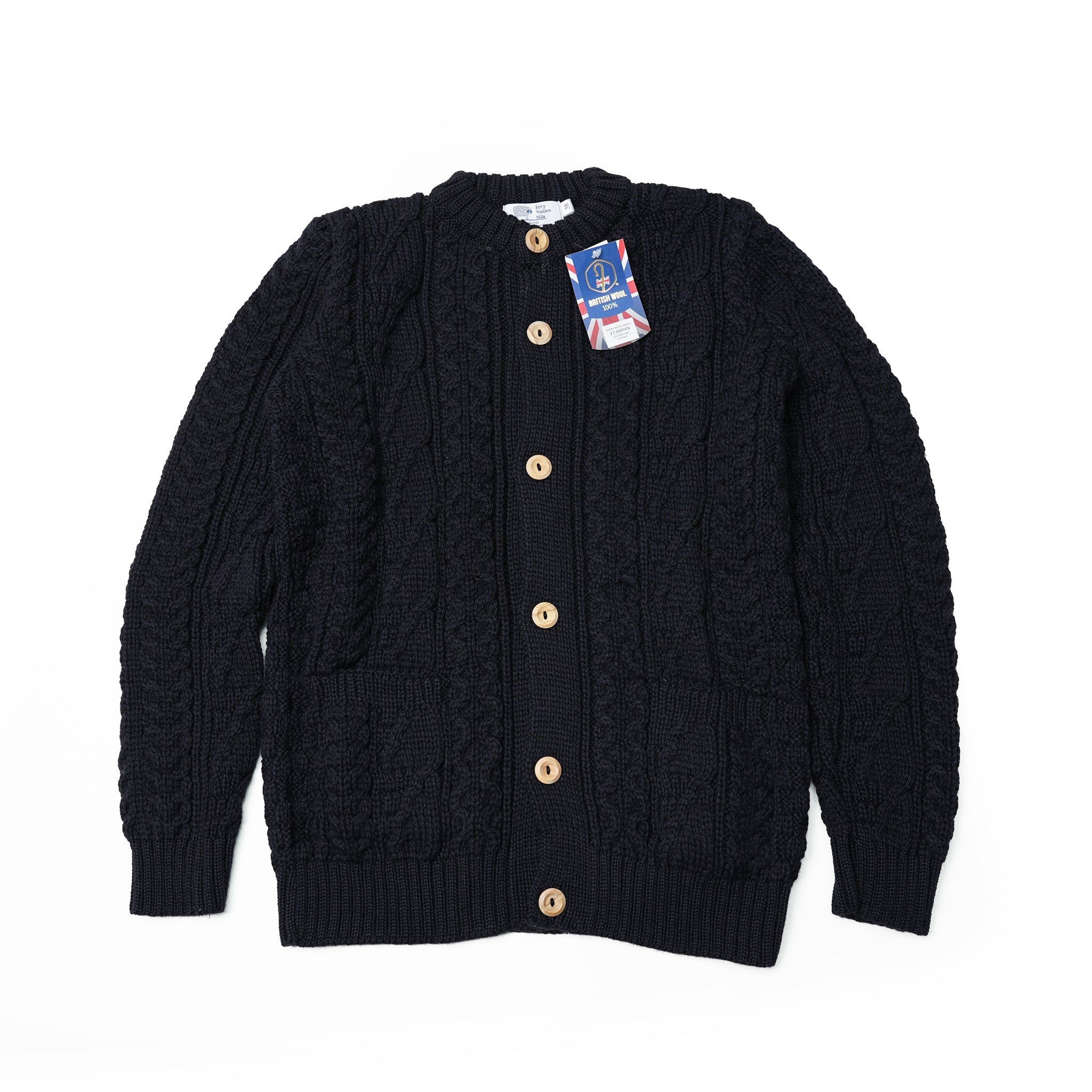 KW-0005 | Aran Cable Collarless Cardigan Heavy | Color:Midnight/Fenland Tweed【KERRY WOOLLEN MILLS】