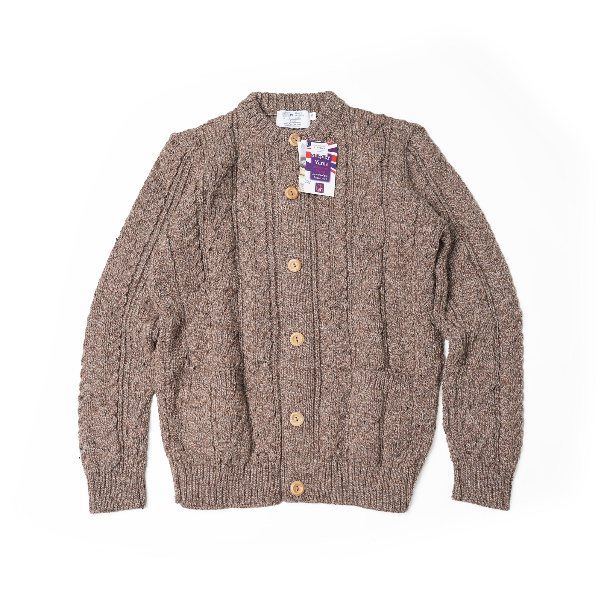 KW-0005 | Aran Cable Collarless Cardigan Heavy | Color:Midnight/Fenland Tweed【KERRY WOOLLEN MILLS】