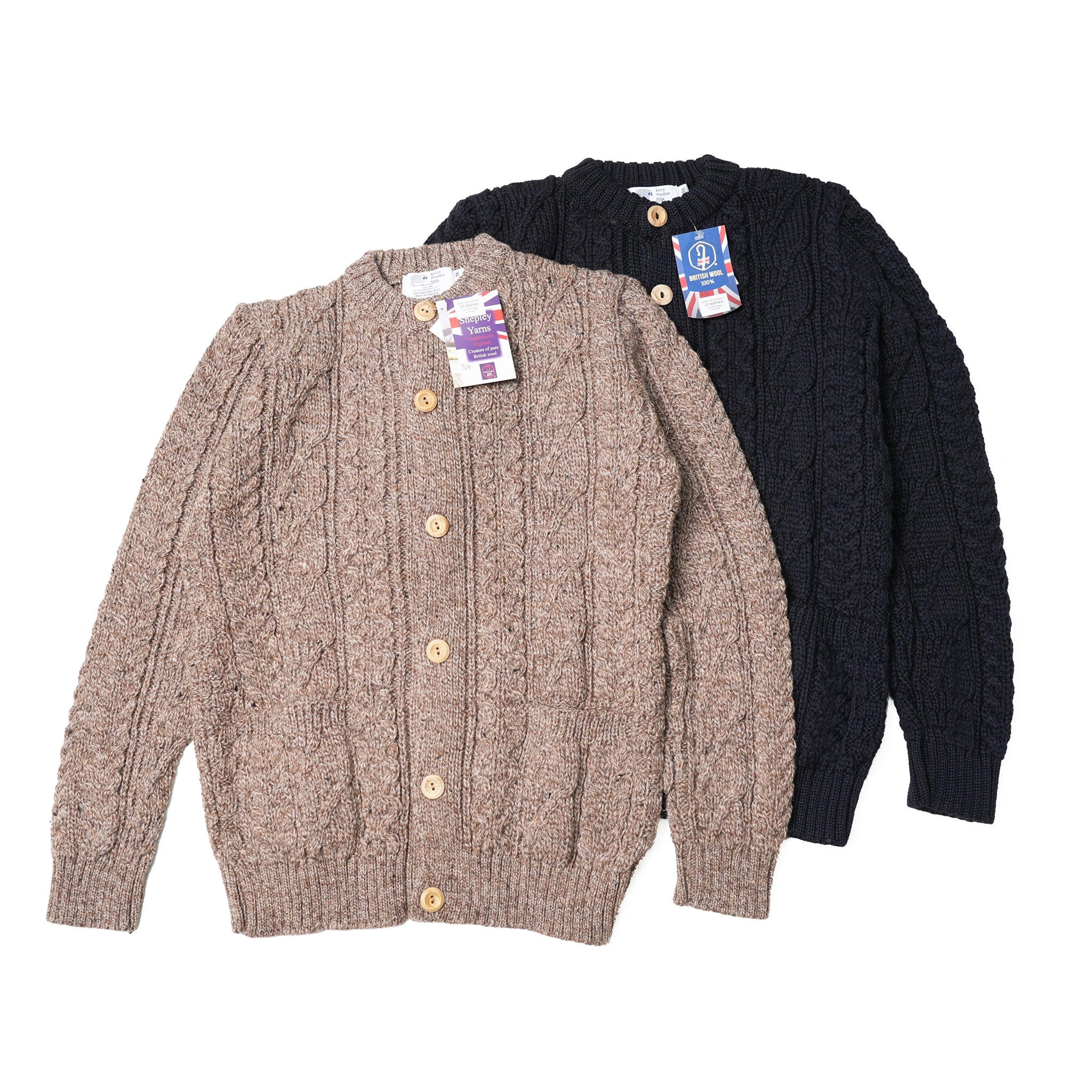 KW-0005 | Aran Cable Collarless Cardigan Heavy | Color:Midnight/Fenland Tweed【KERRY WOOLLEN MILLS】